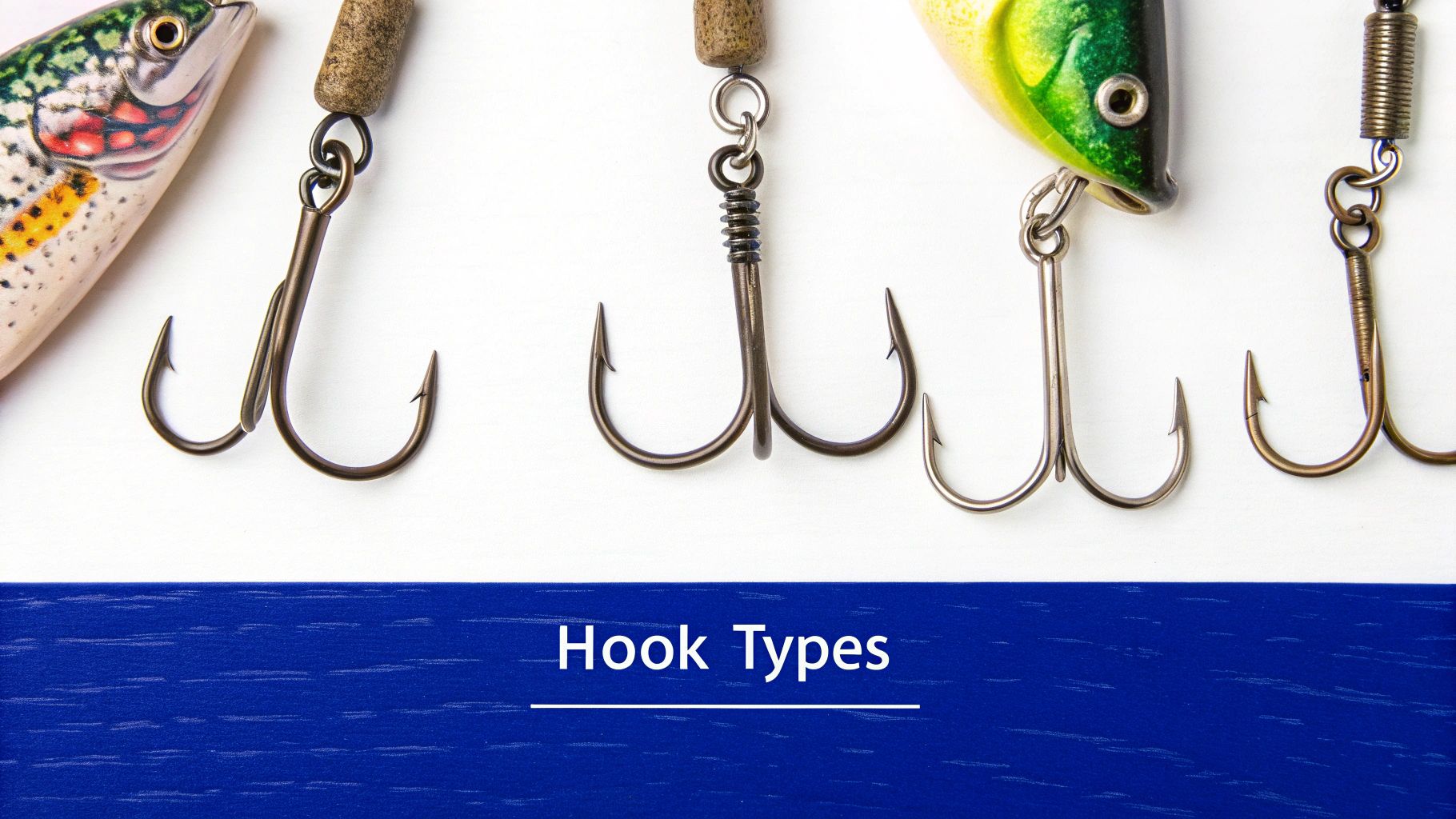 Close-up of various fishing lures with different types of treble hooks on a white background.