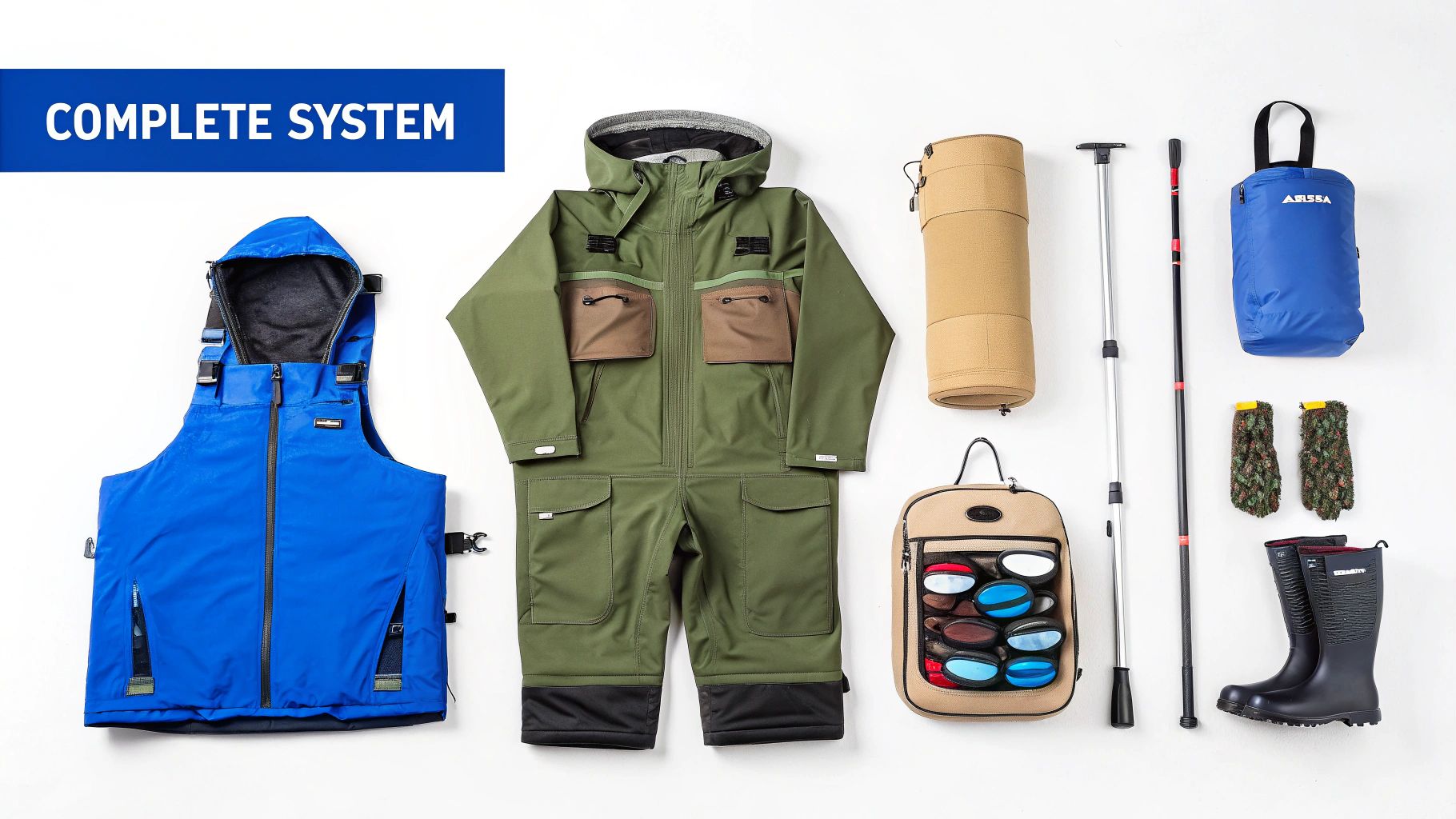 Angler wearing a complete waterproof fishing gear system, including a jacket and bib, while on a boat