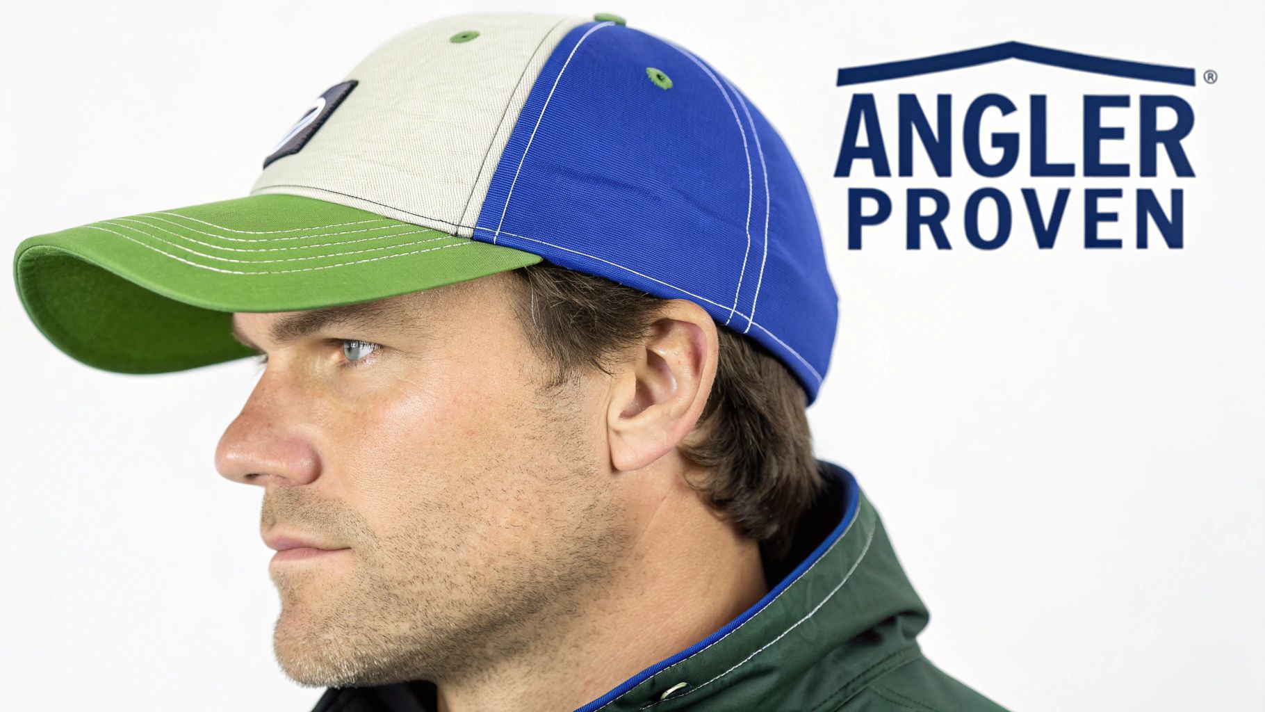 A man wearing a multi-colored fishing baseball hat with a green brim and a beige and blue crown.