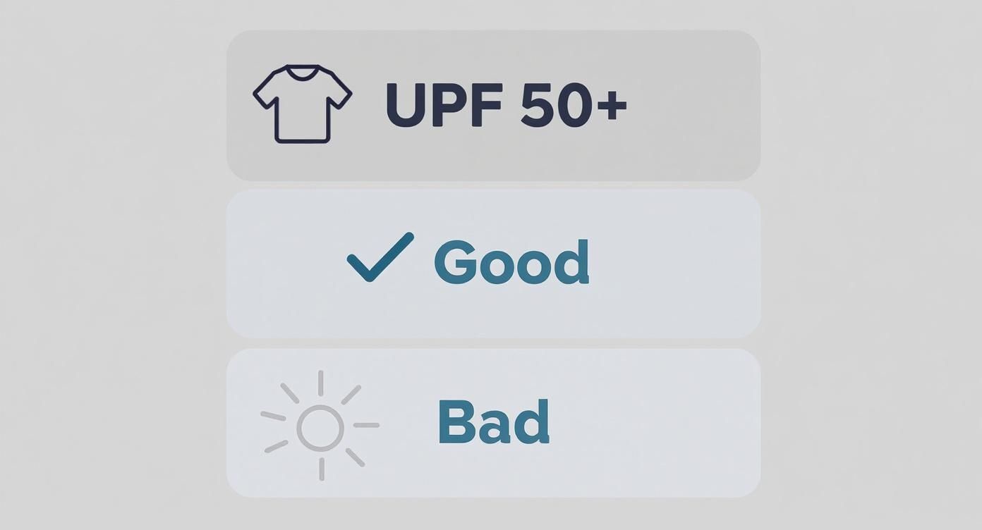 A graphic displaying sun protection ratings: UPF 50+ for clothing, good, and bad sun exposure.
