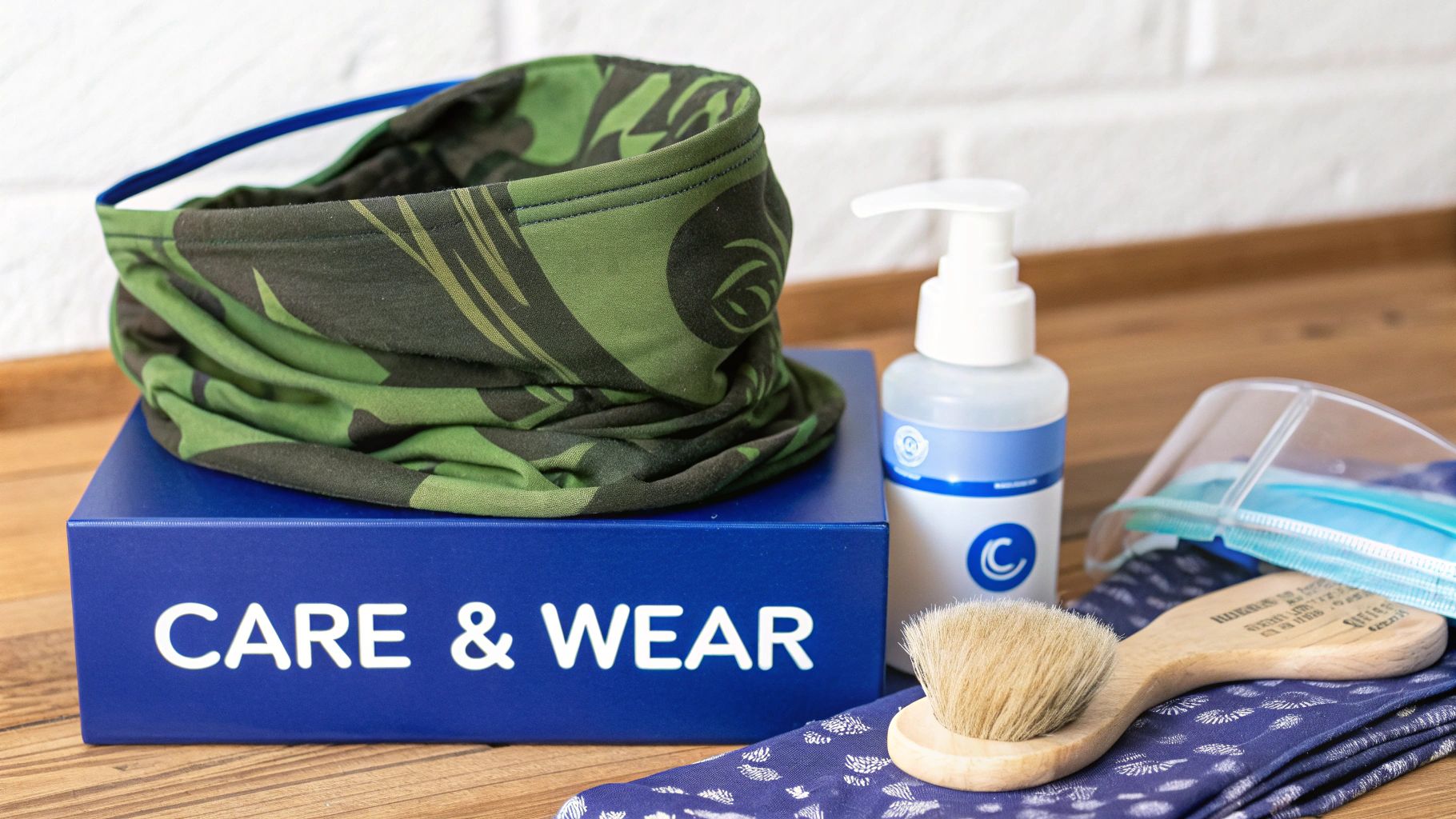 A camouflage neck gaiter rests on a blue 'Care & Wear' box, with sanitizer and masks nearby.