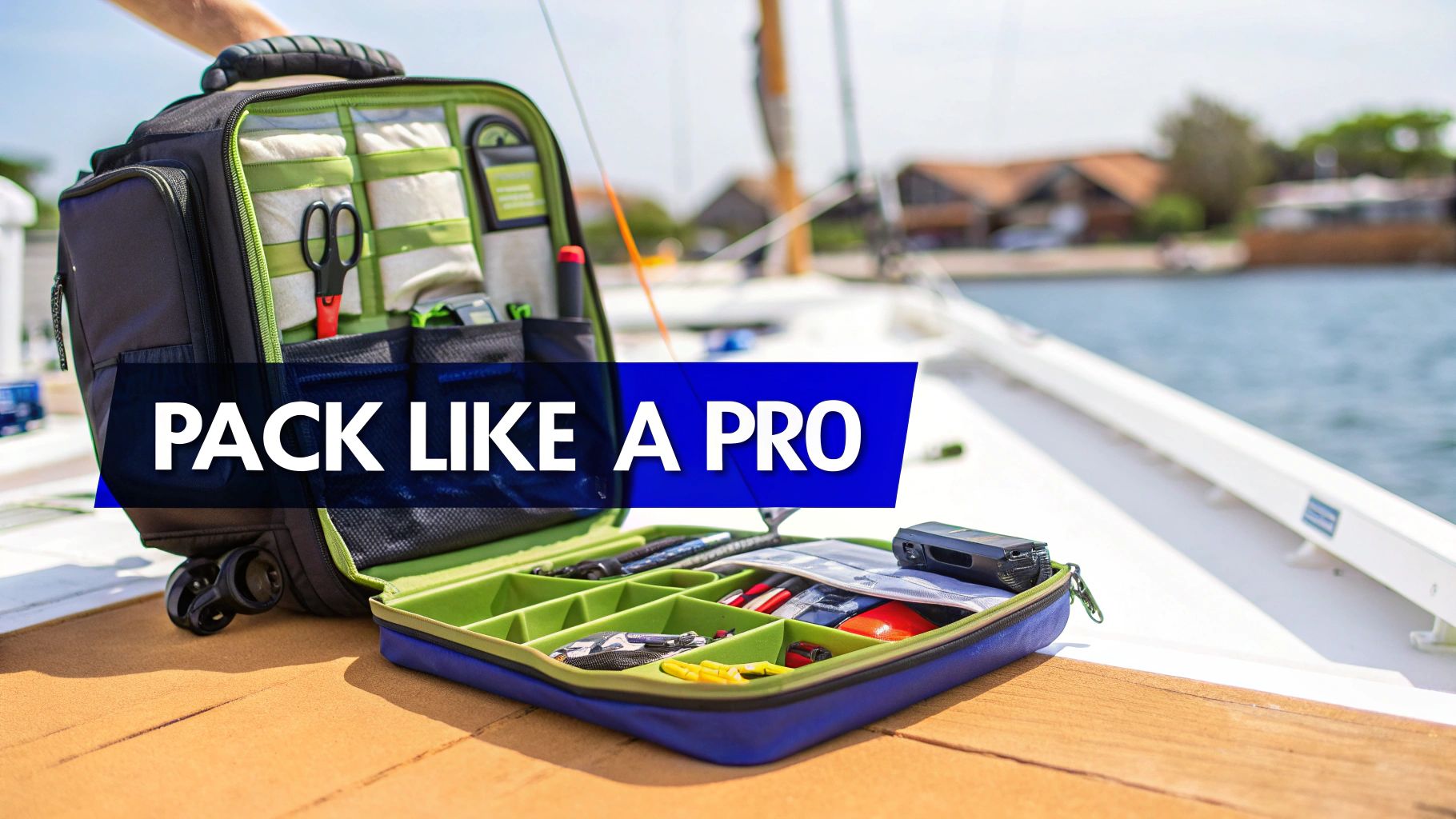 Organized fishing tackle backpack with compartments displaying lures and tools at marina dock