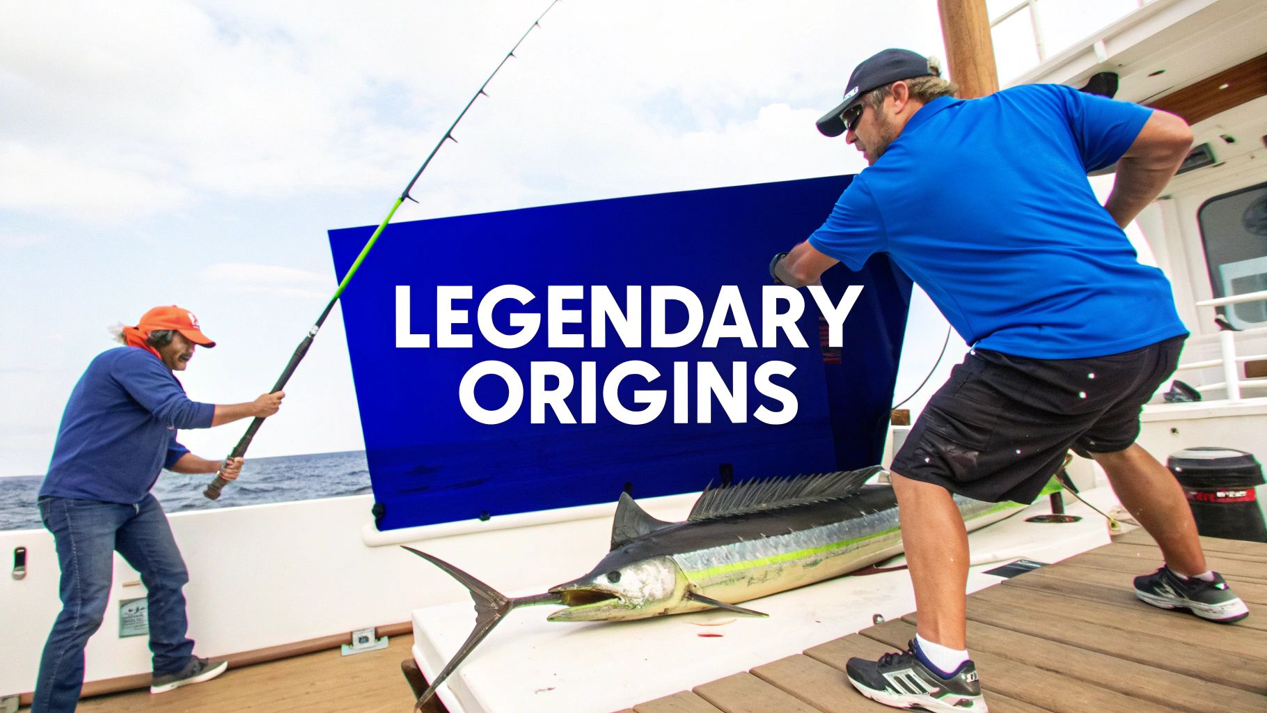 Two men holding a large marlin on a boat dock, showcasing the scale of saltwater sportfishing.