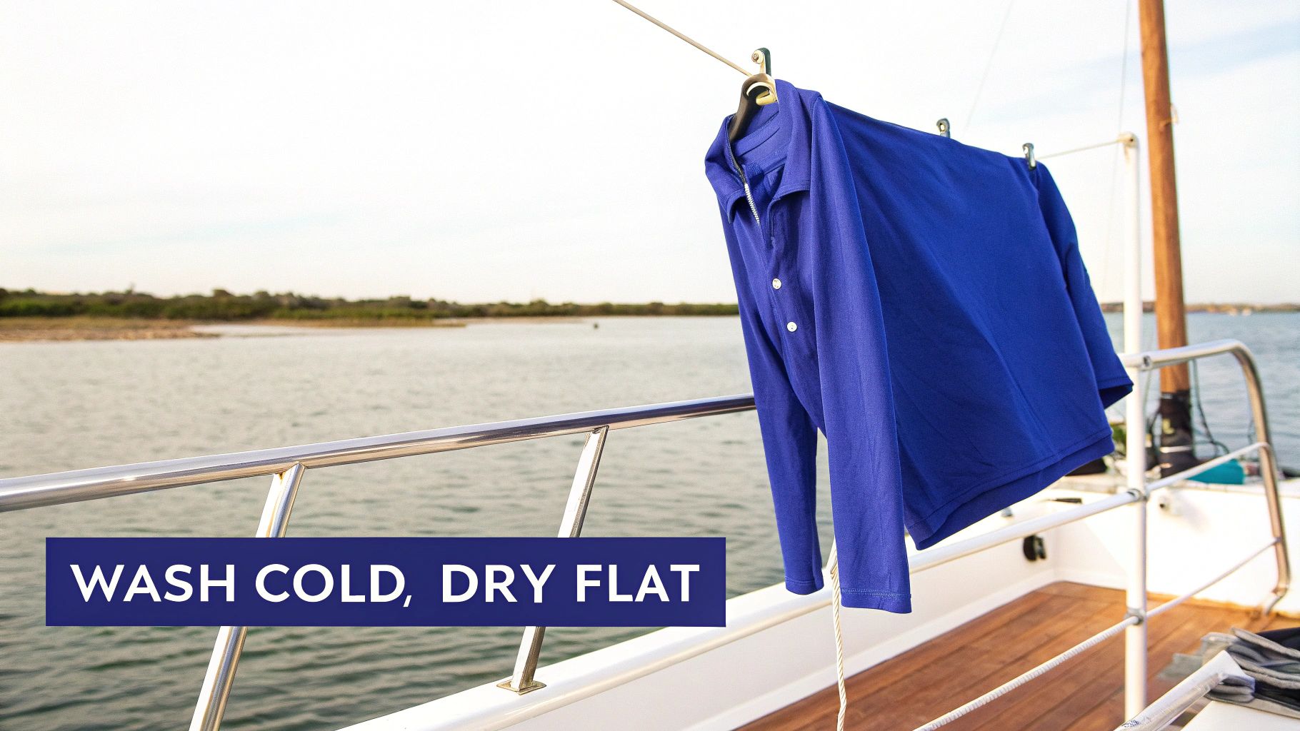 A bright blue UPF 50 long-sleeve shirt drying on a clothesline on a boat over water.