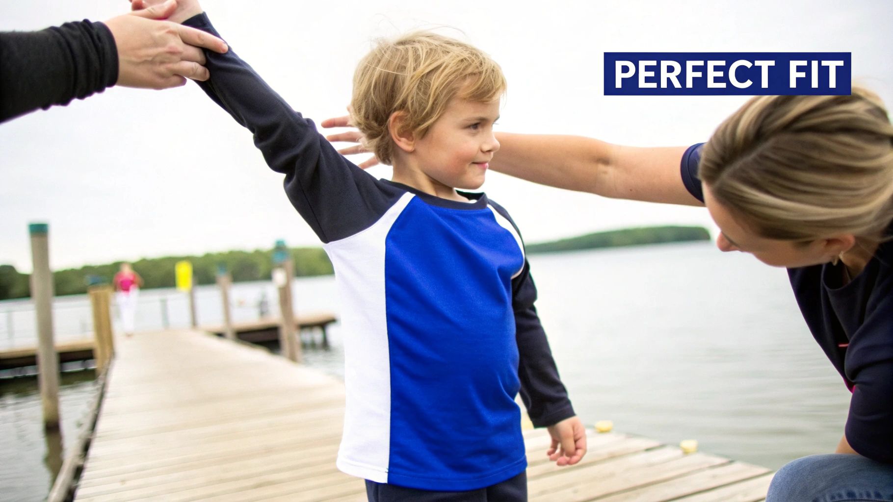 A young boy on a dock by water, wearing a blue and black long-sleeve shirt, is being helped by adults.