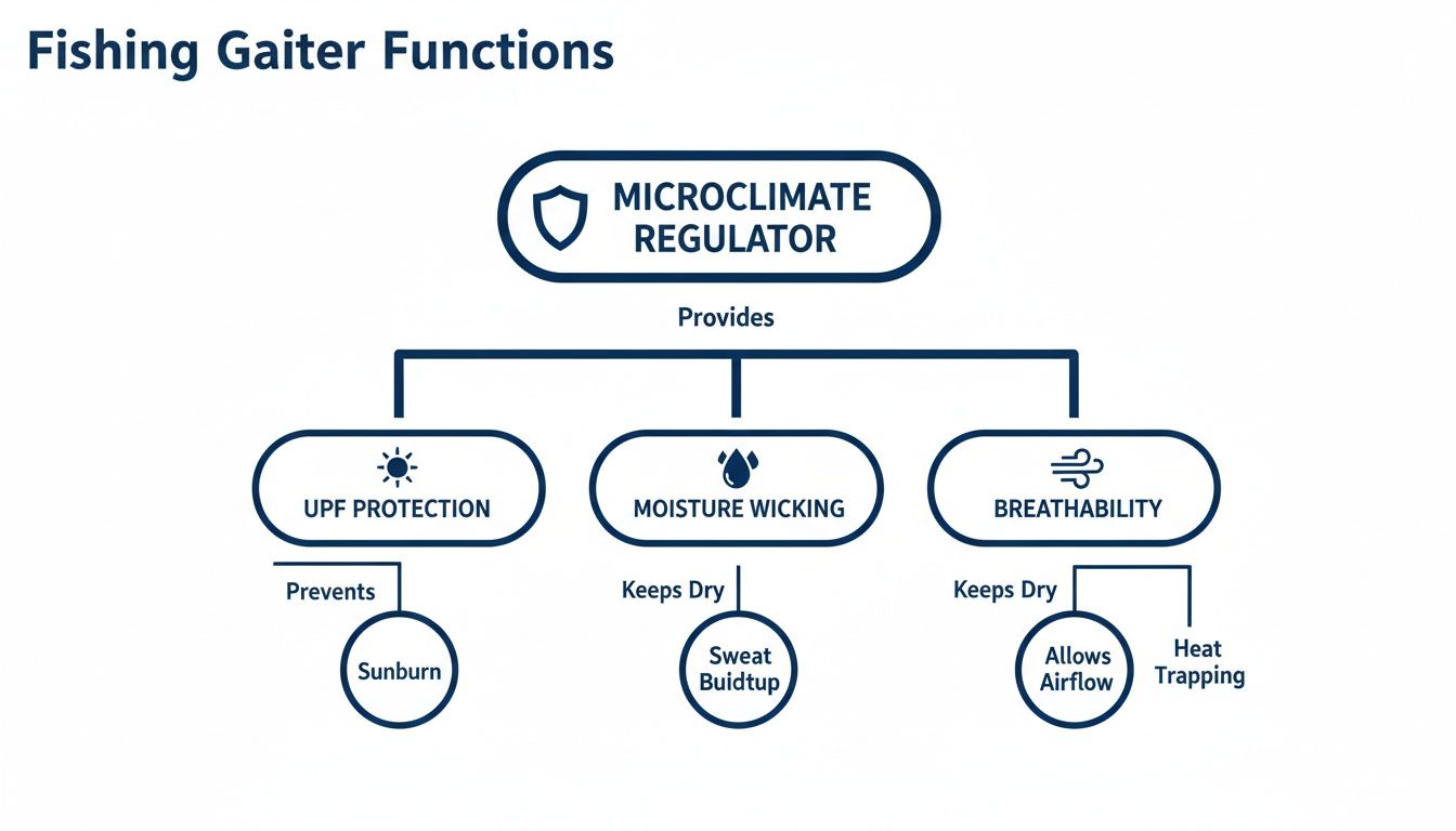 Flowchart detailing fishing gaiter functions, including UPF protection, moisture wicking, and breathability for comfort.