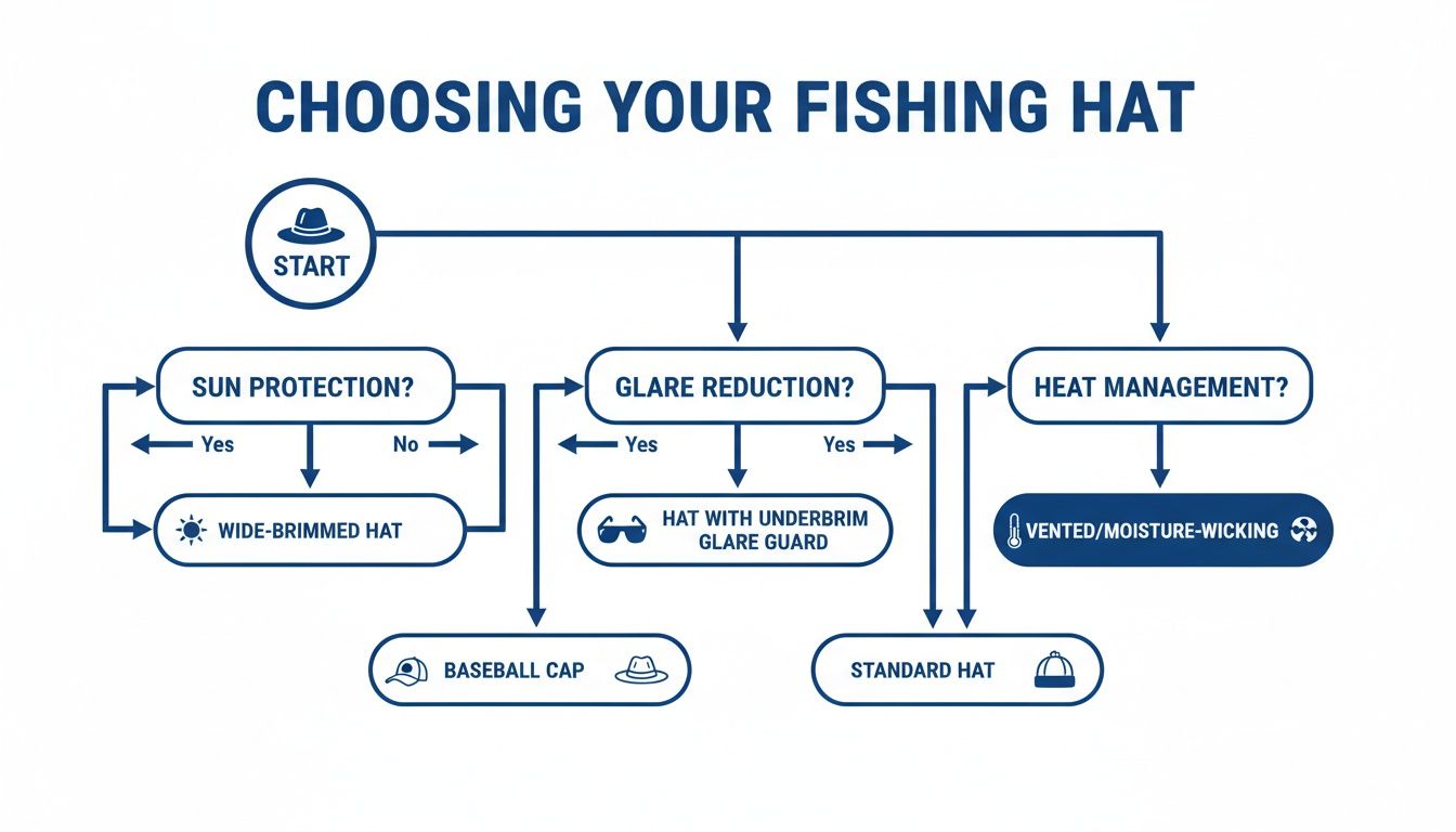 Flowchart guiding the selection of a fishing hat based on sun protection, glare reduction, and heat management.