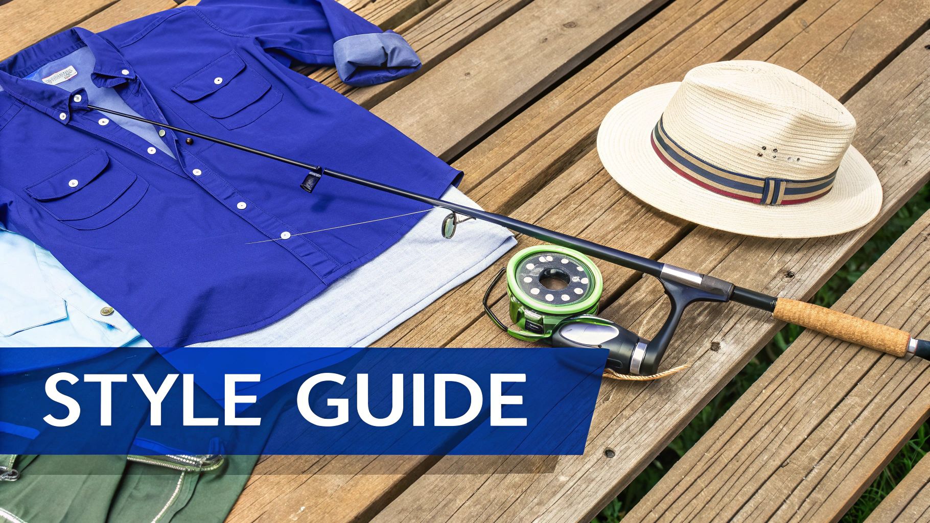 A man wearing a stylish fishing shirt and shorts stands on a dock next to a boat