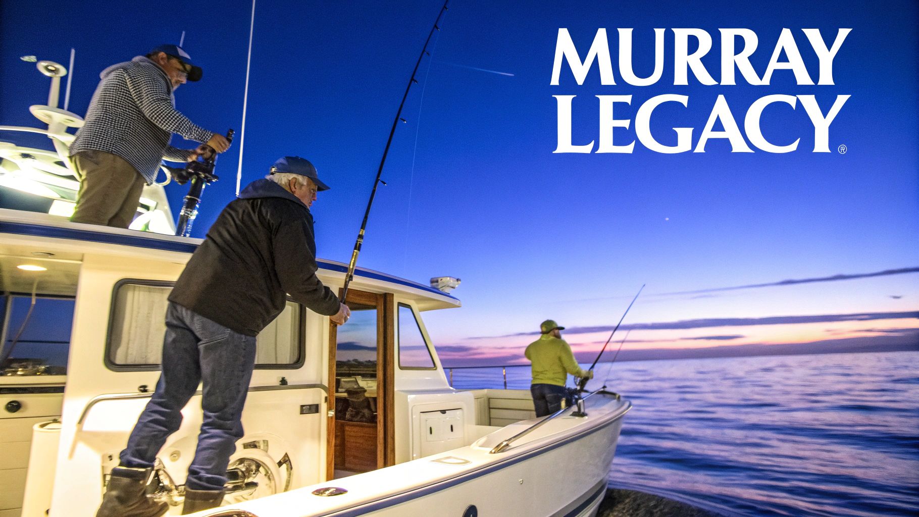 Three fishermen on Murray Legacy boat fishing at sunset with rods and equipment