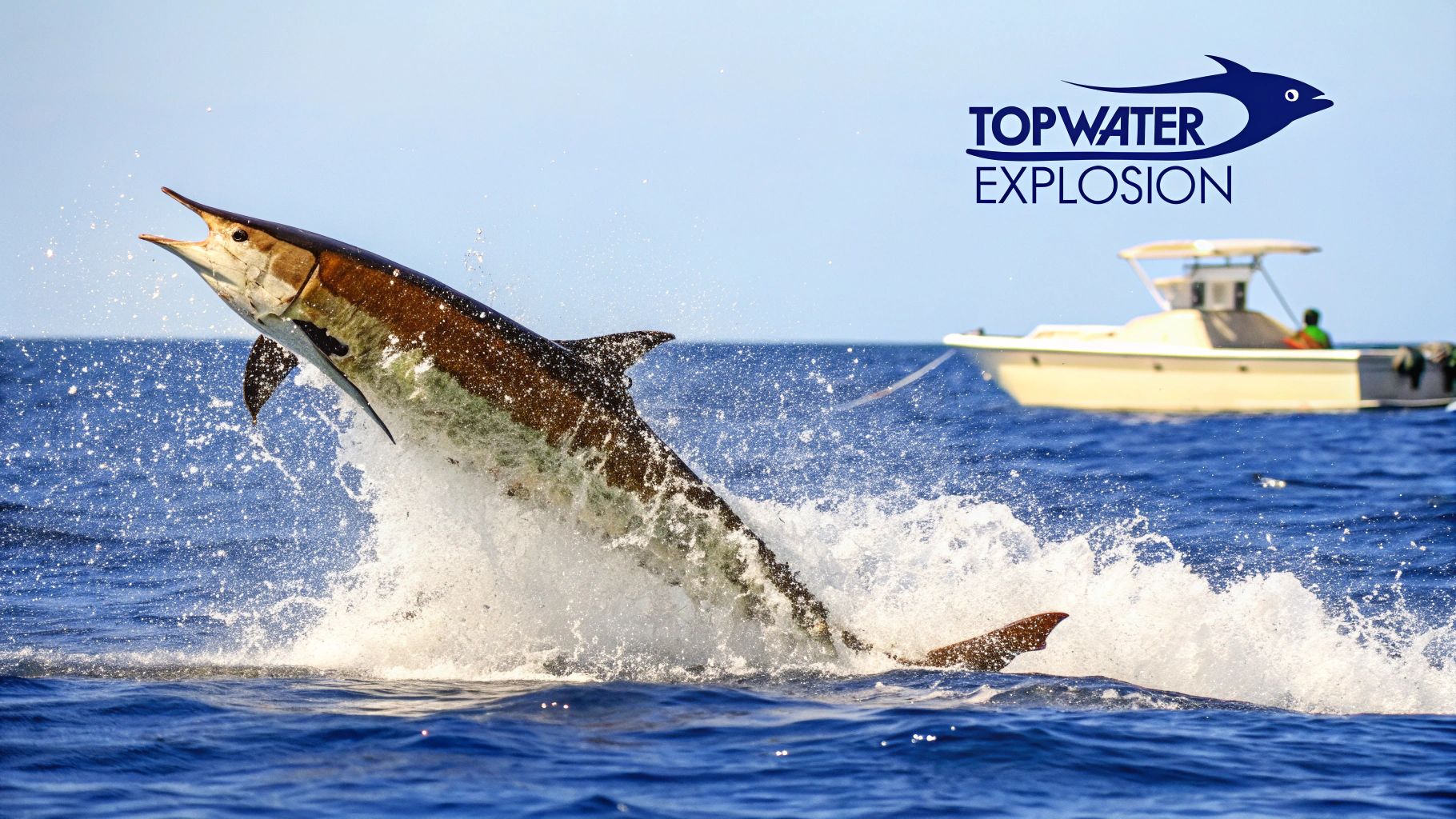 A powerful marlin leaps high out of the blue ocean, creating a large splash, with a fishing boat and 'Topwater Explosion' logo in the background.