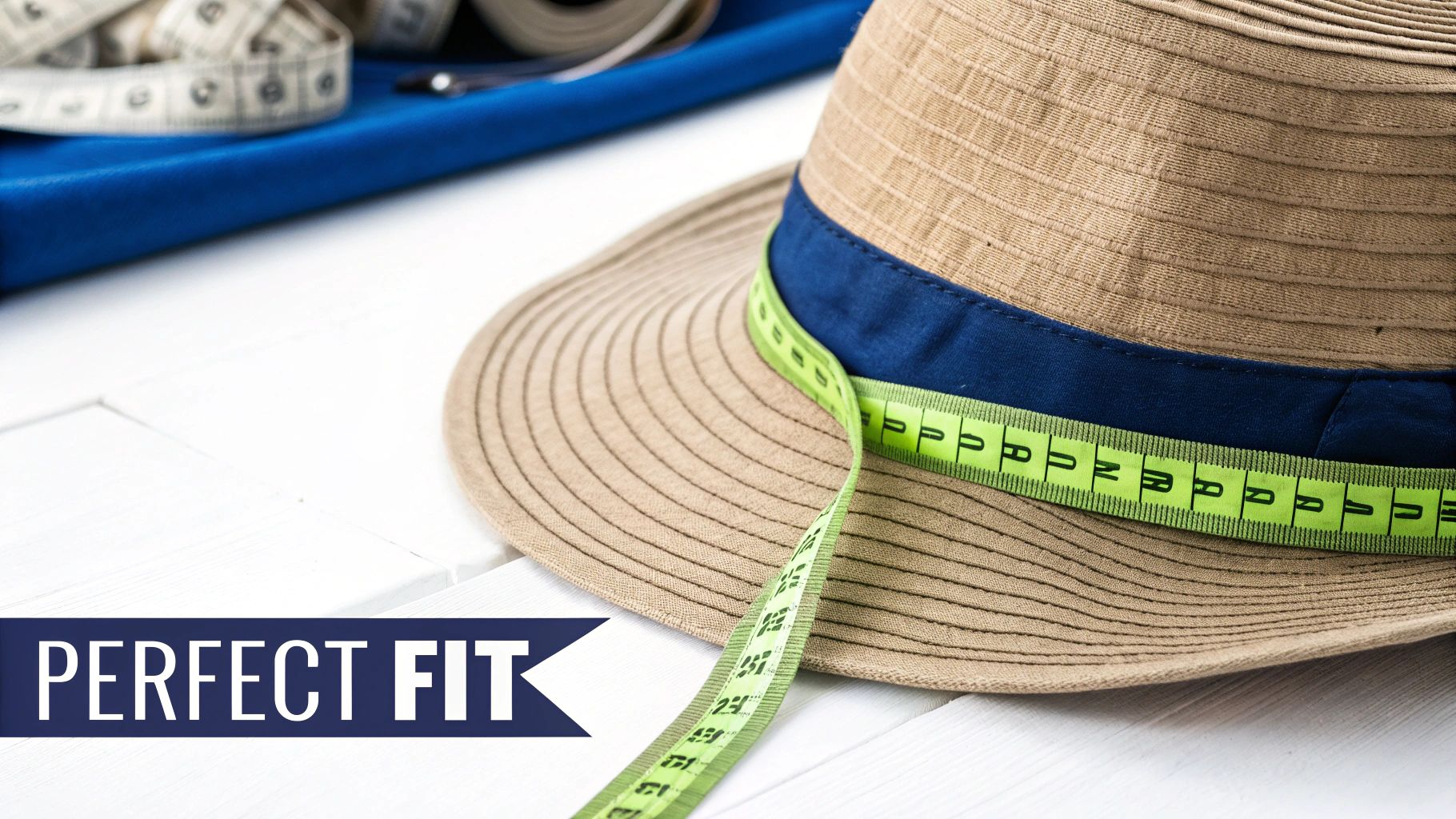 A straw hat with a blue band and green measuring tape wrapped around it, alongside the text 'PERFECT FIT'.