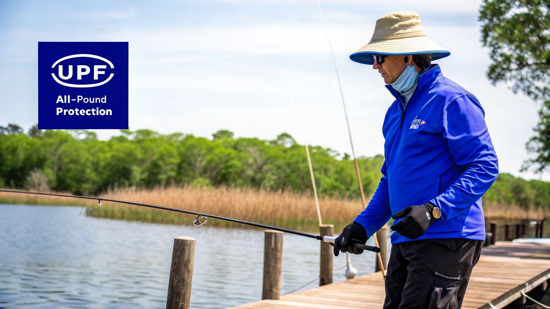 An angler wearing a long-sleeved sun protection shirt while fishing from a boat