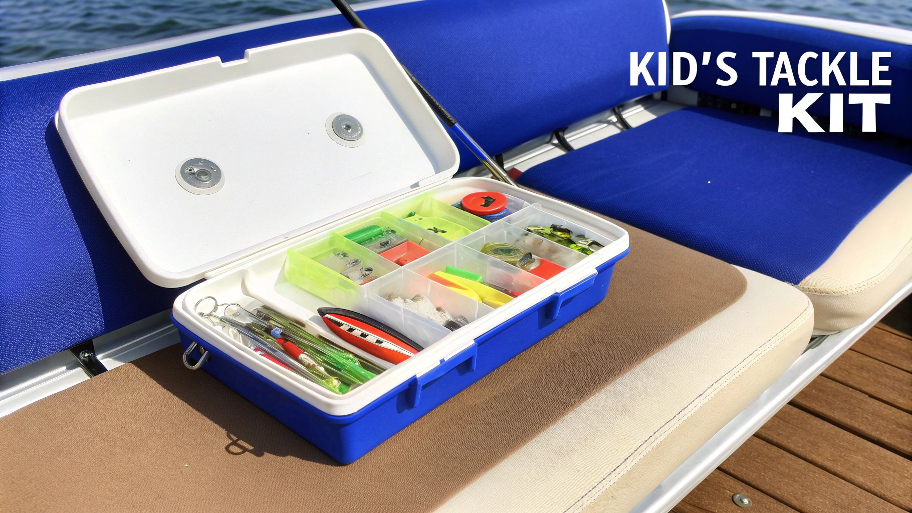 An open kid's blue and white fishing tackle box filled with colorful lures and gear on a boat.