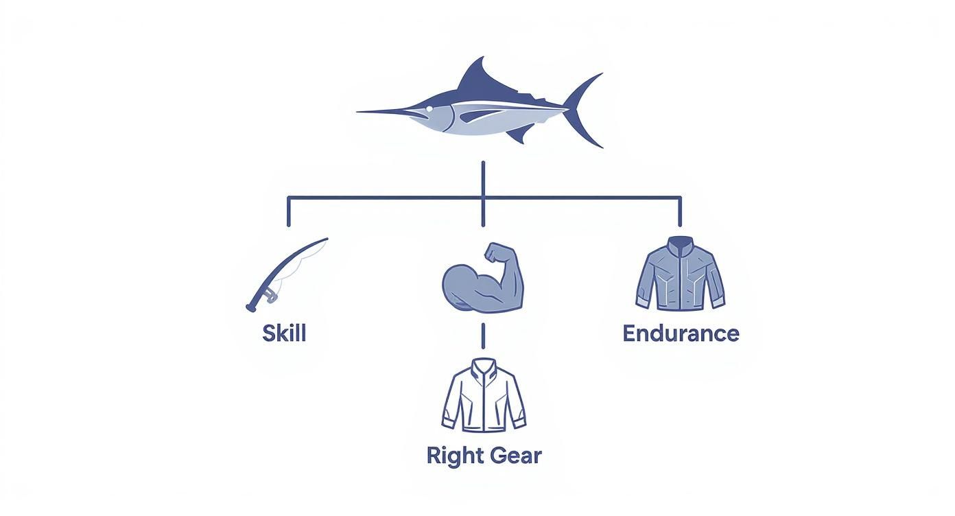 Marlin fish diagram showing three essential fishing components: skill, endurance, and right gear