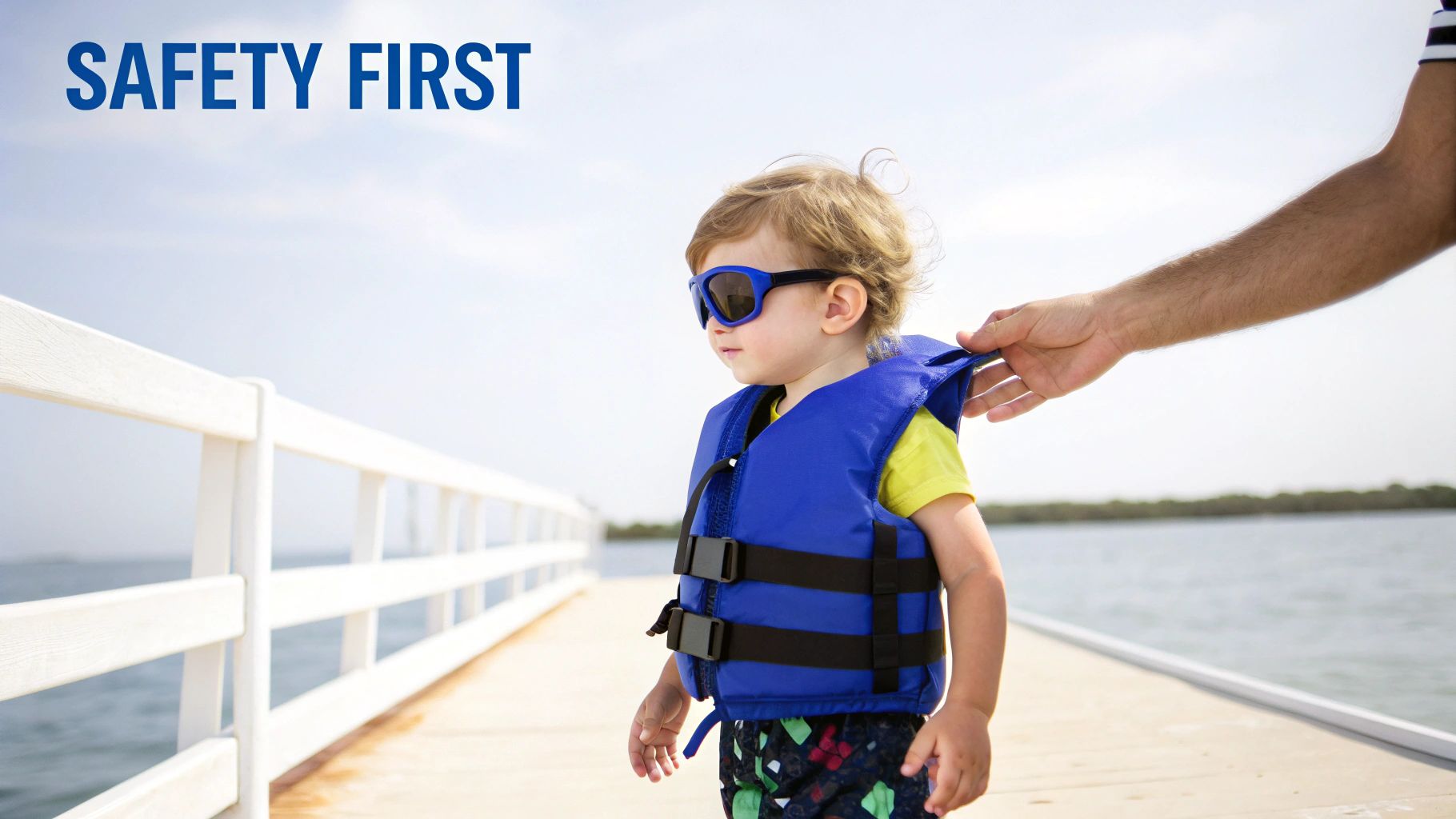 A toddler wearing a blue life vest and sunglasses on a dock, held by an adult hand, with 'SAFETY FIRST' text.