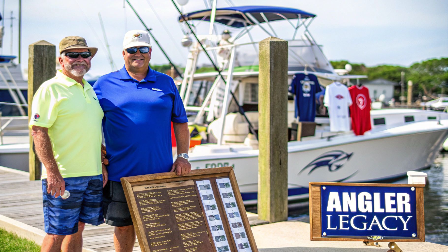 Two men on a dock next to a fishing boat, holding a plaque, with 'Angler Legacy' sign.