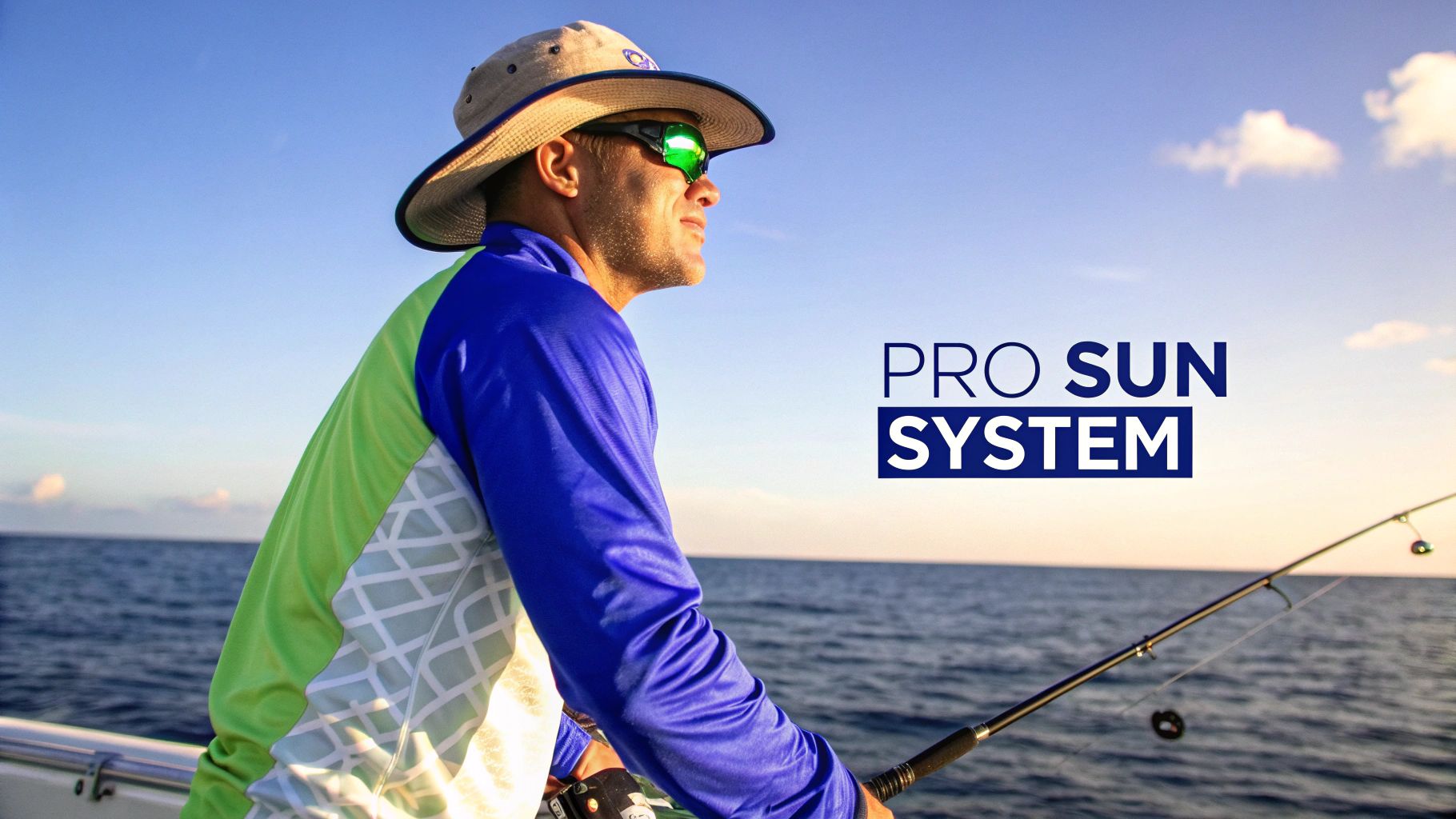 A man wearing a sun hat, sunglasses, and sun-protective shirt, fishing from a boat at sea.