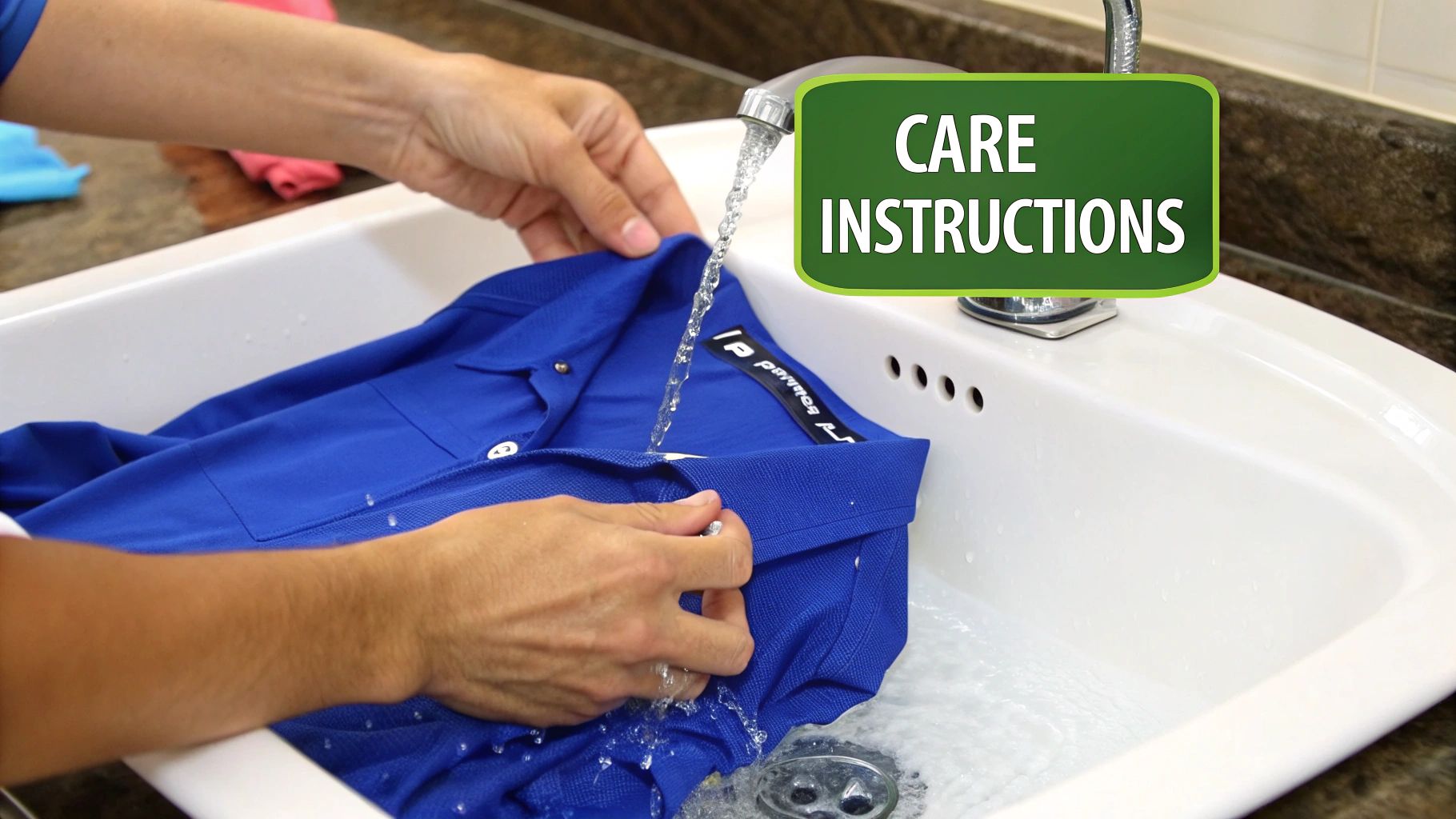 A moisture-wicking shirt hanging on a clothesline to dry.