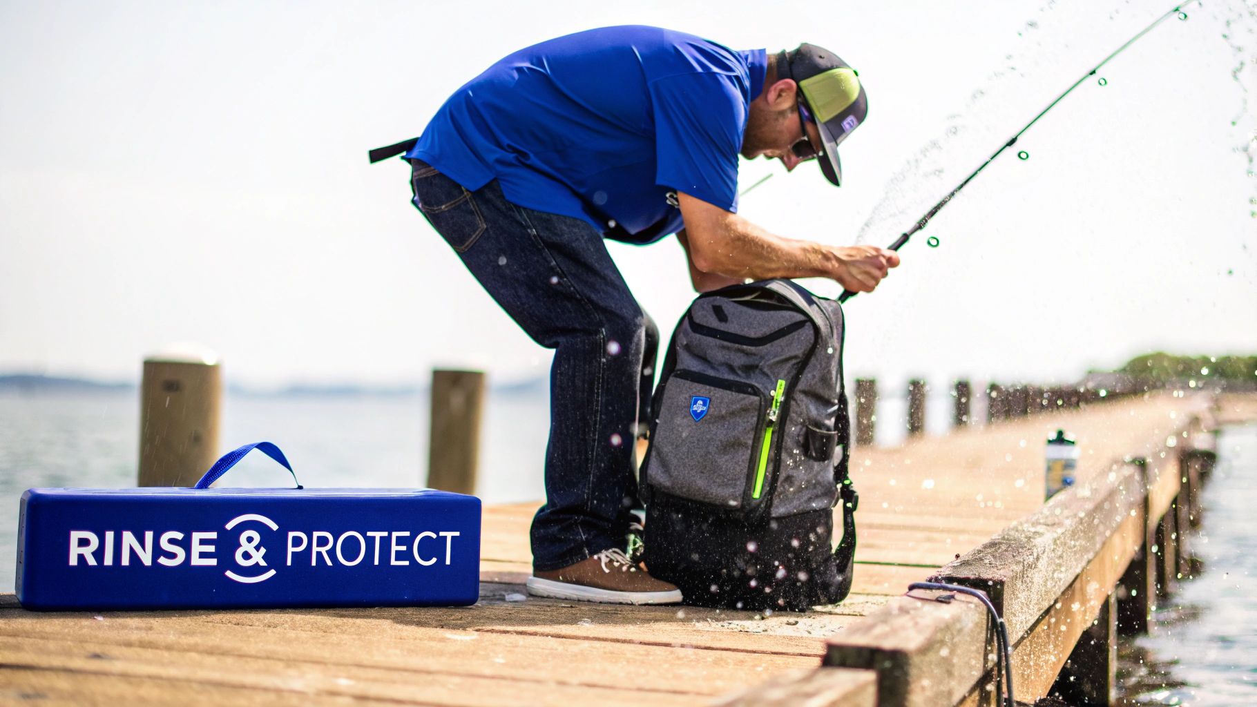 Angler fishing from dock with waterproof backpack and protective gear at waterfront