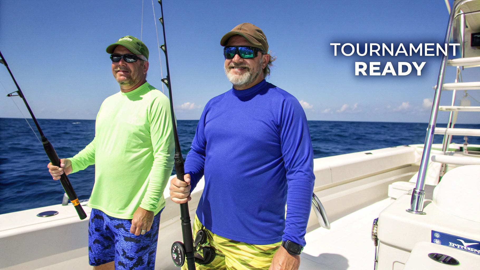 Two fishermen wearing long sleeve shirts on a boat in the ocean.