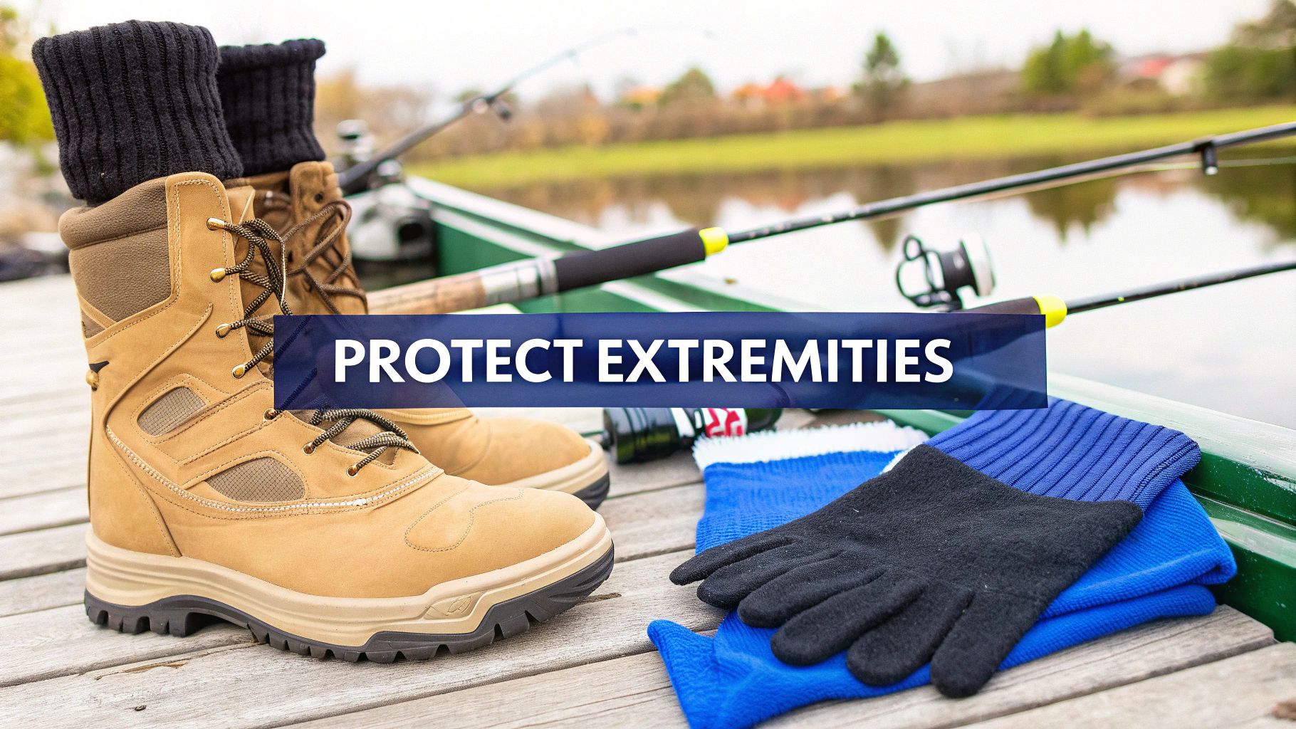 Angler wearing a beanie and gloves while holding a fishing rod in cold weather.