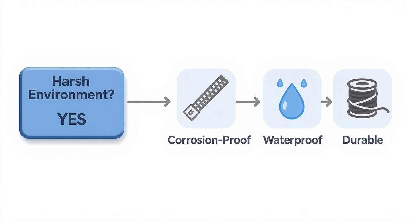 Flowchart showing harsh environment protection features: corrosion-proof, waterproof, and durable materials for fishing gear