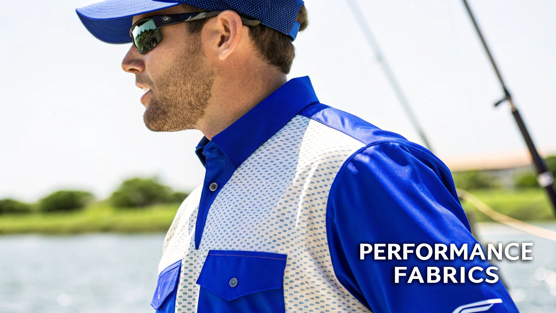 Man wearing a blue cap, sunglasses, and a blue and white performance fishing shirt, looking out at water.