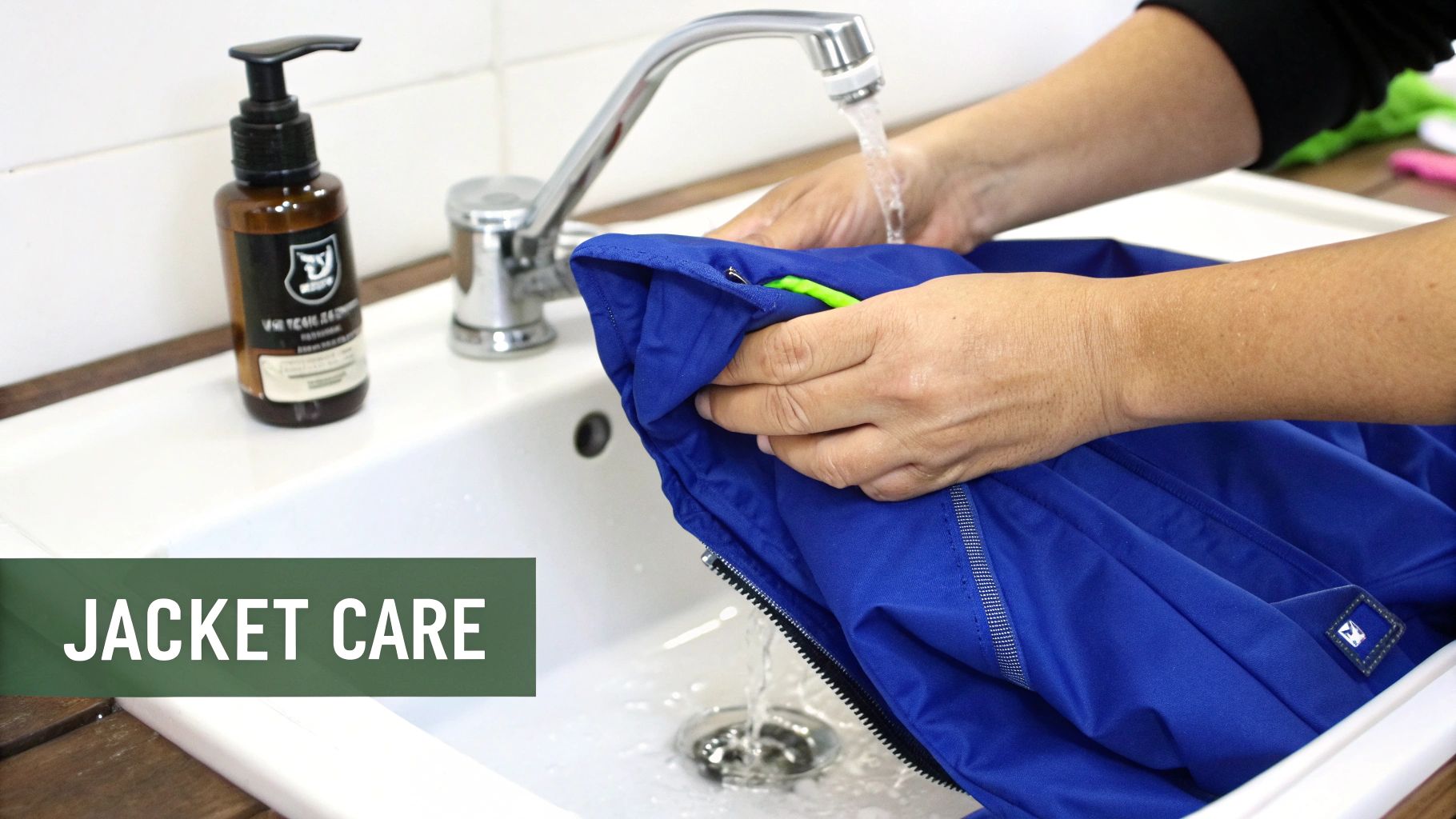 A person hanging a clean waterproof fishing jacket to dry.