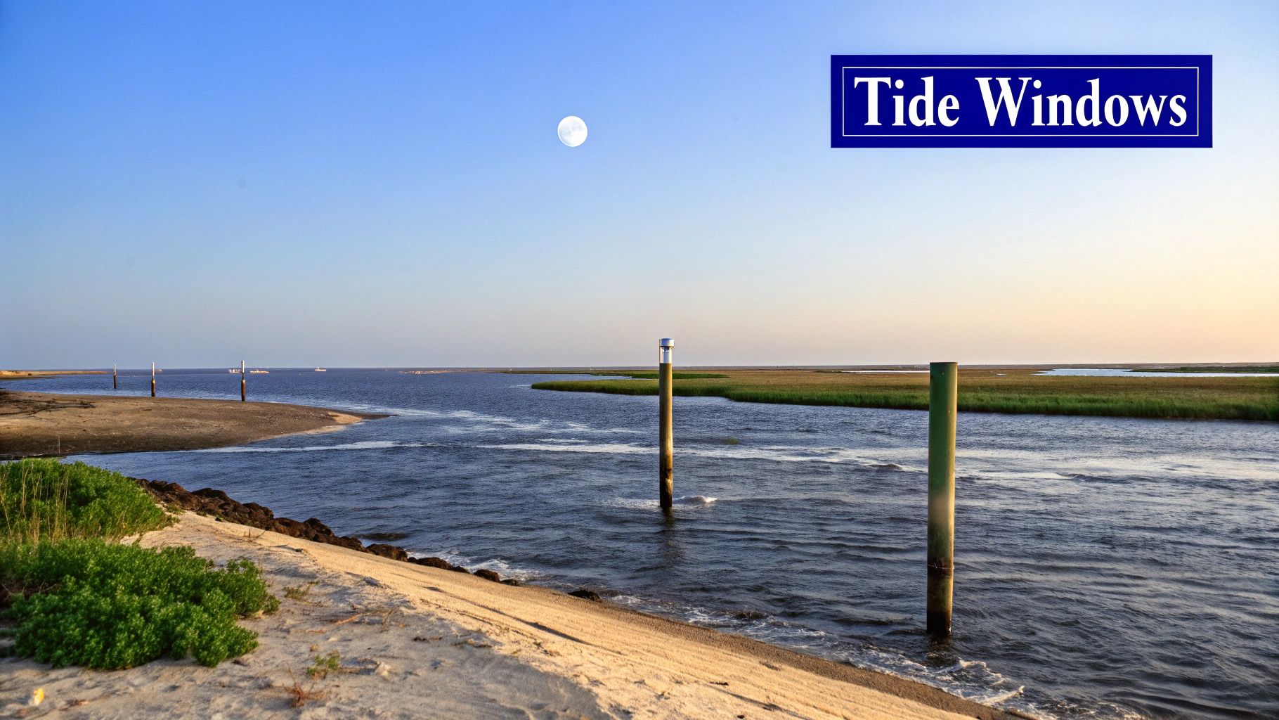 A full moon illuminates a peaceful coastal landscape with marsh, water, sand, and "Tide Windows" banner.