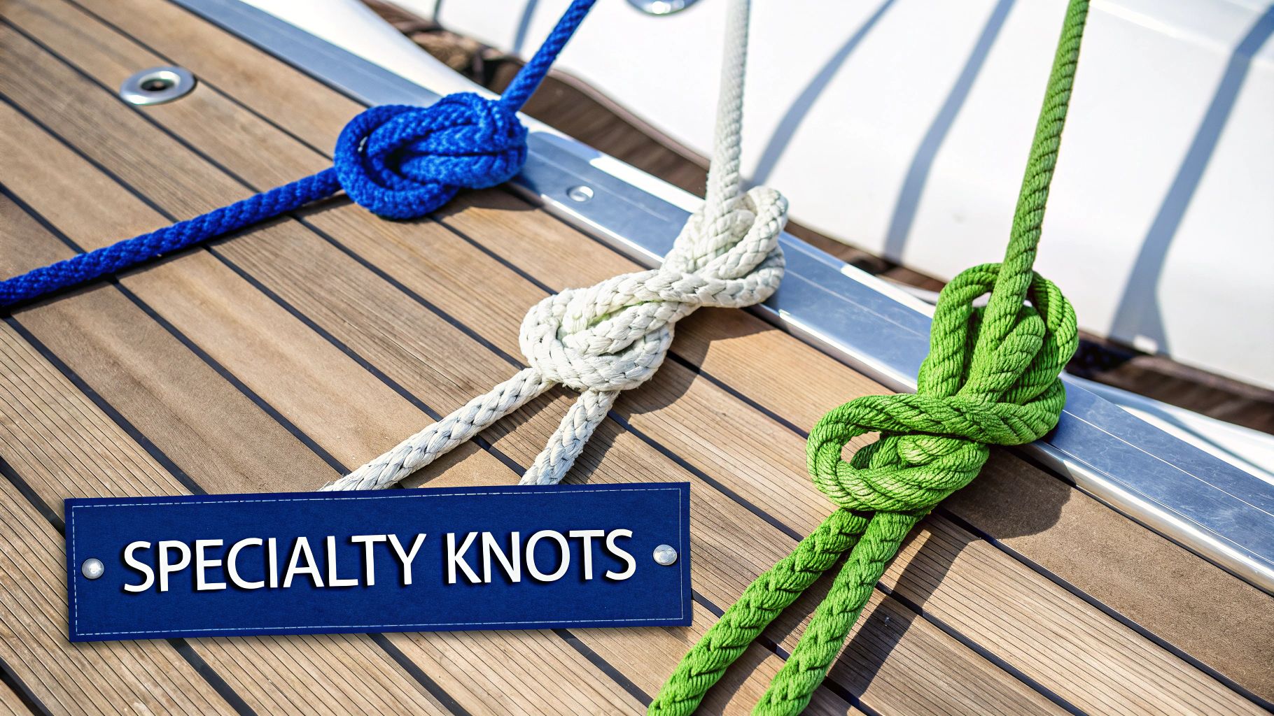 Three colorful ropes tied in specialty knots on a wooden boat deck, with a banner.
