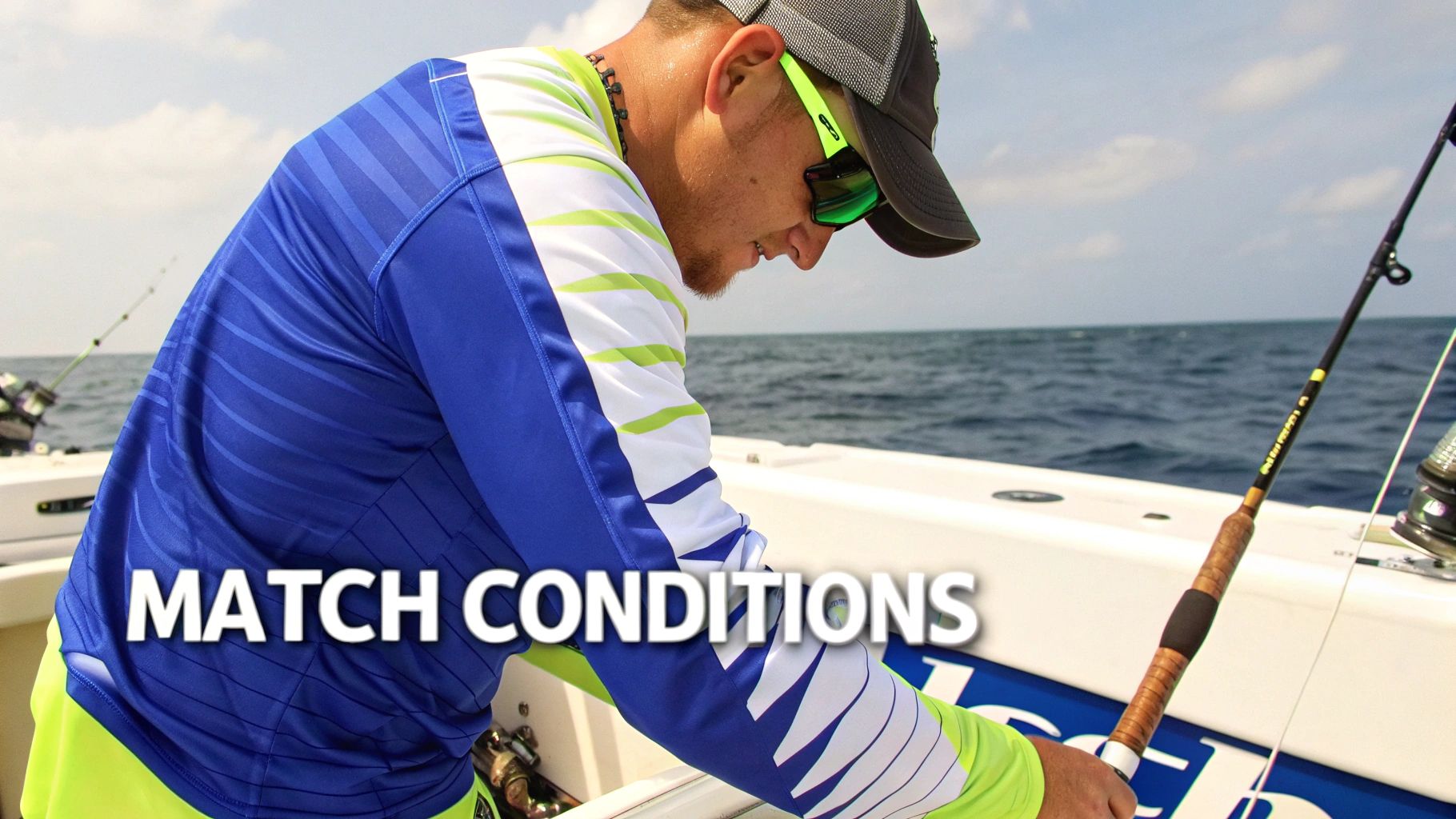 Fisherman on a boat holding a large fish, wearing a long sleeve shirt.