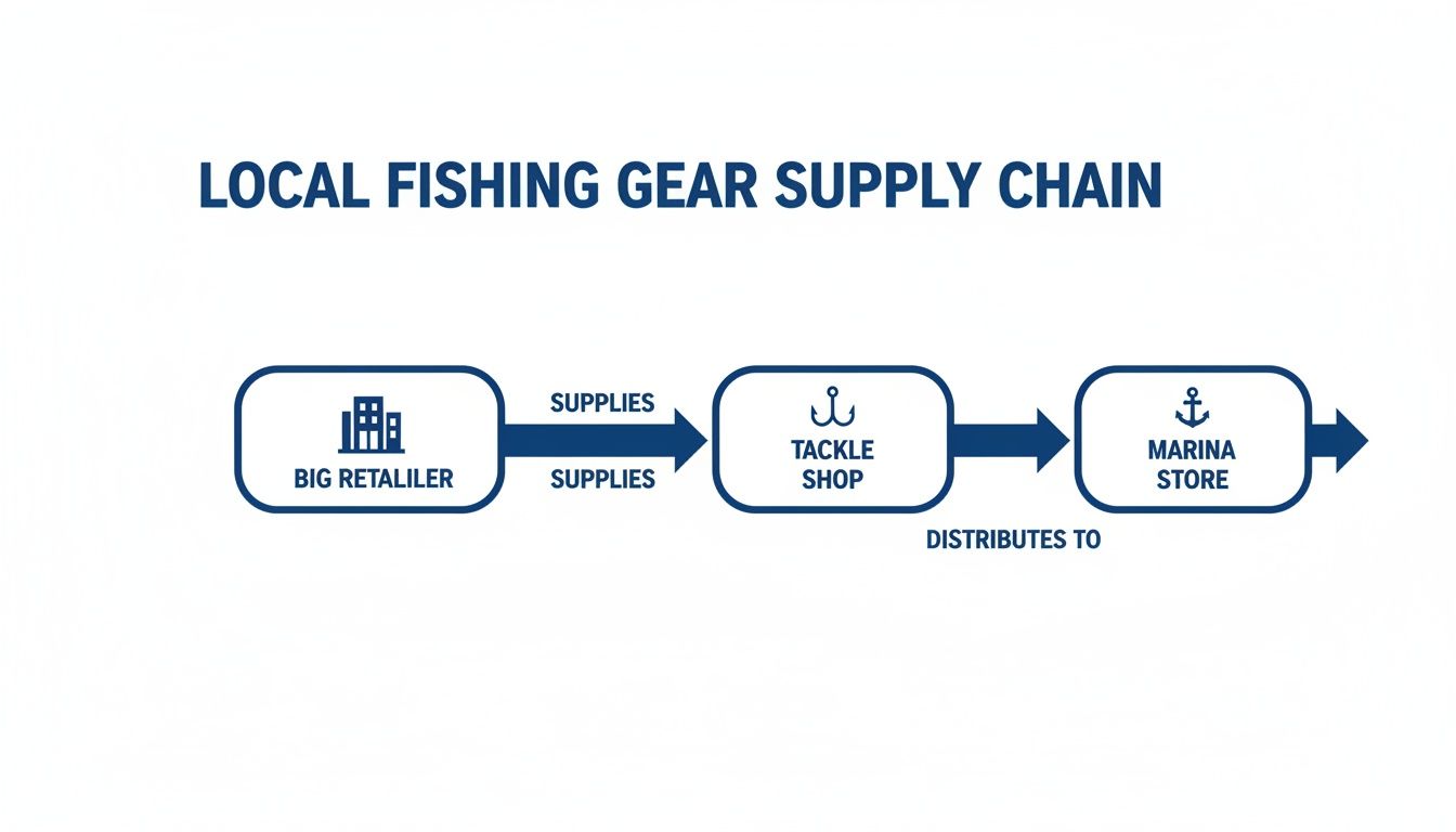 A diagram illustrating the local fishing gear supply chain from a big retailer to a tackle shop and then a marina store.