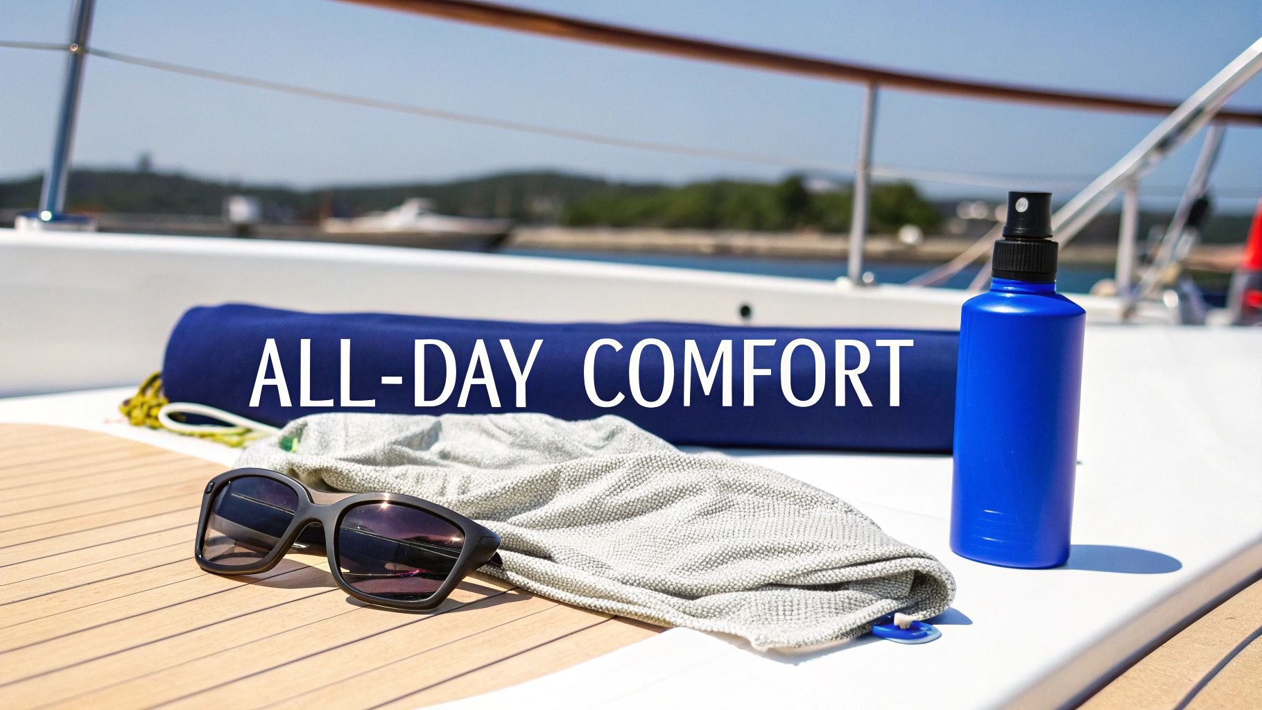 Sunglasses, a grey neck gaiter, and a blue spray bottle on a boat deck with 'ALL-DAY COMFORT' text.