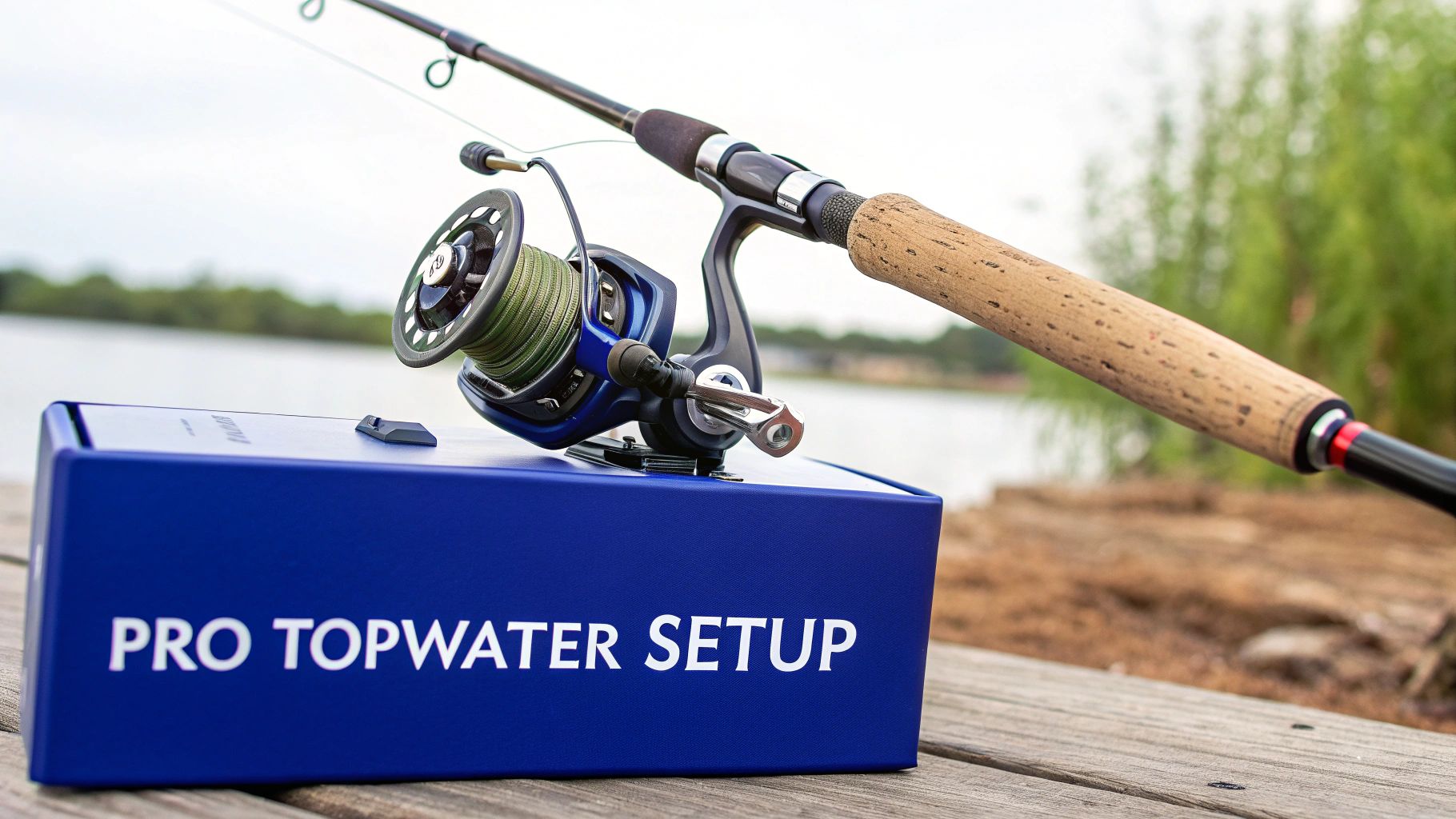 A fishing rod and reel are resting on a blue box that says 'PRO TOPWATER SETUP' near water.