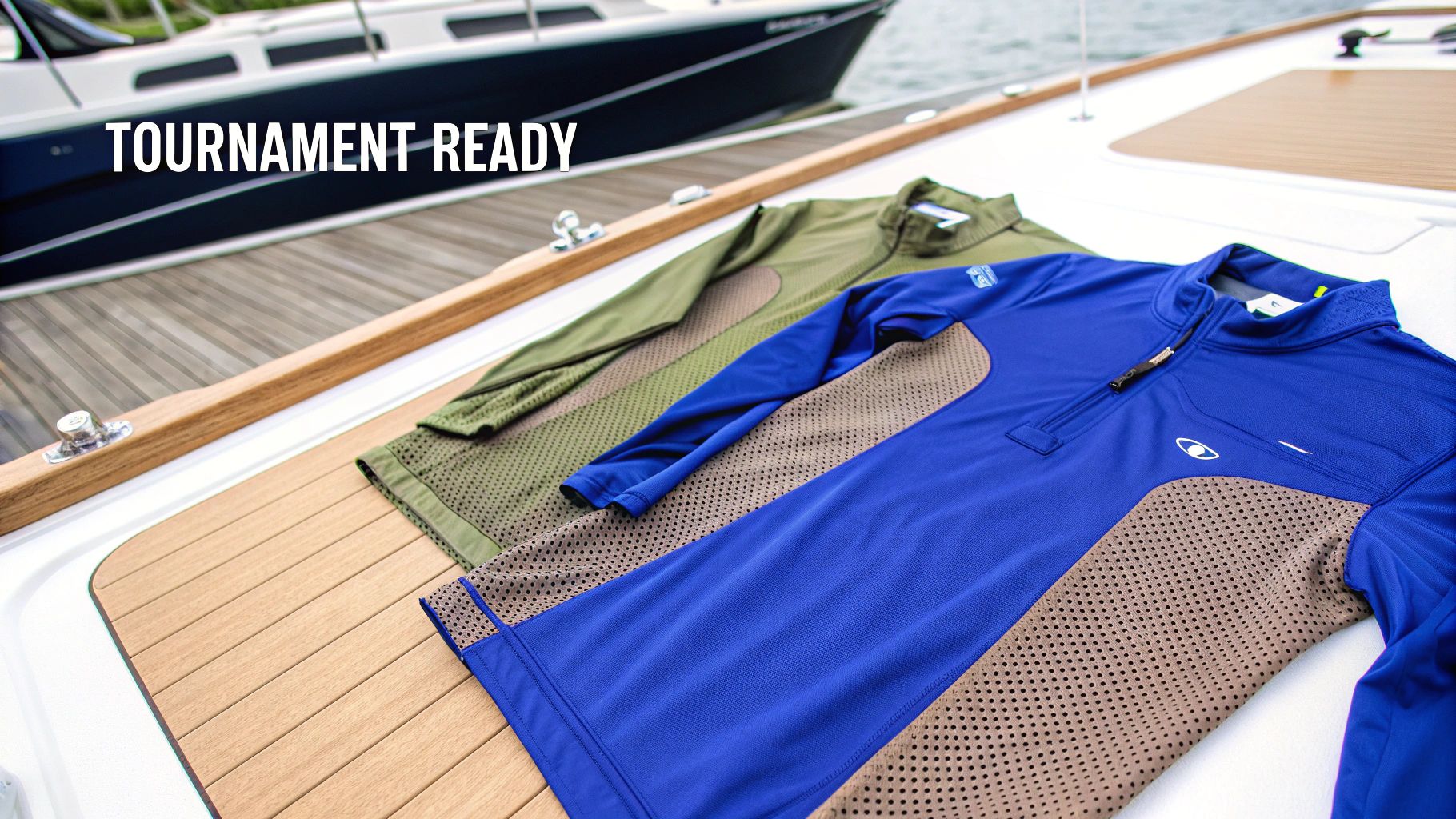 Blue and green UV protection fishing shirts laid out on boat deck ready for tournament