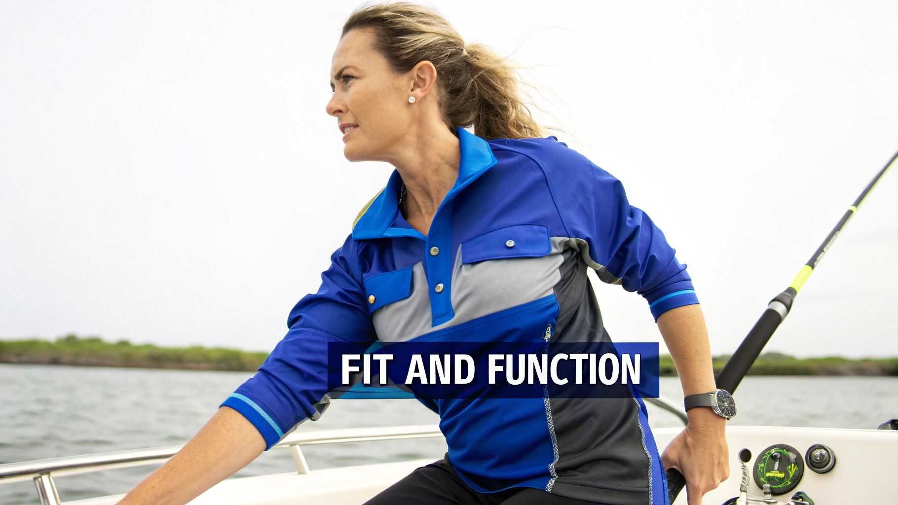 A woman wearing a blue and grey long-sleeve fishing shirt on a boat, holding a fishing rod.