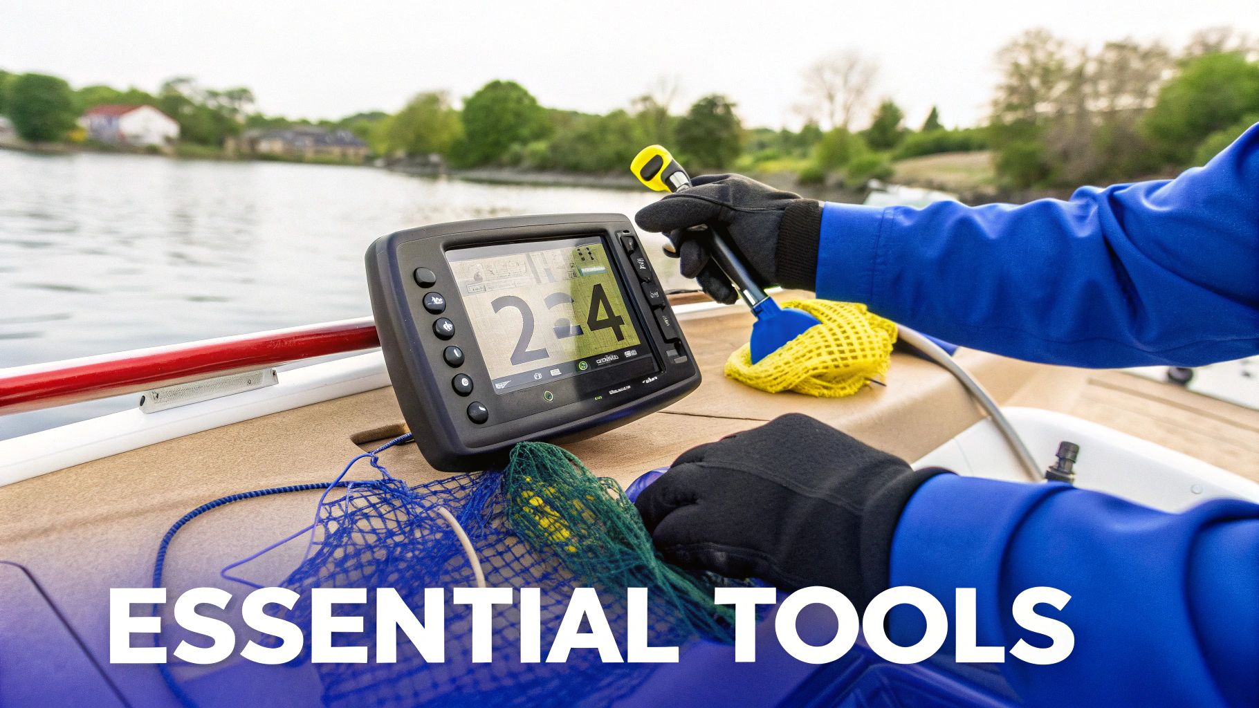 A person on a boat uses fishing gear, including a Vexilar fish finder and nets.