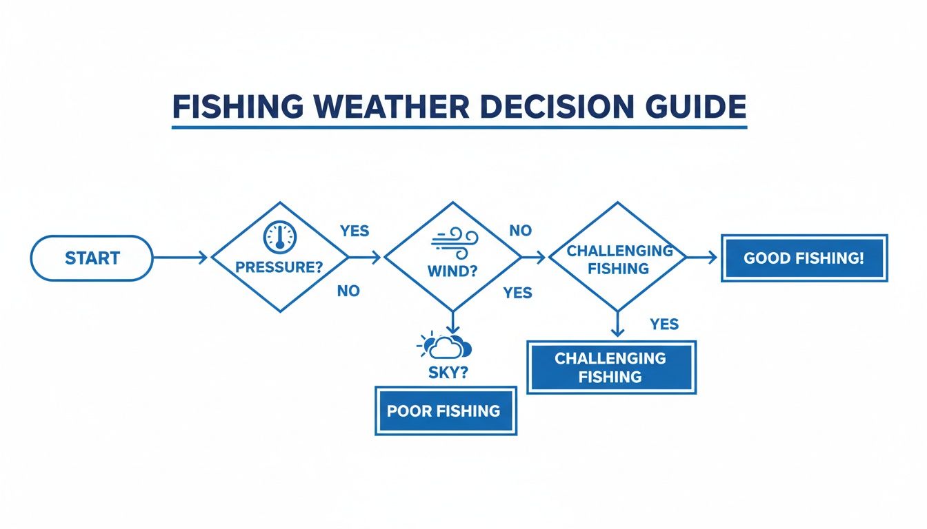 Flowchart illustrating fishing weather decisions based on pressure, wind, and sky for optimal outcomes.