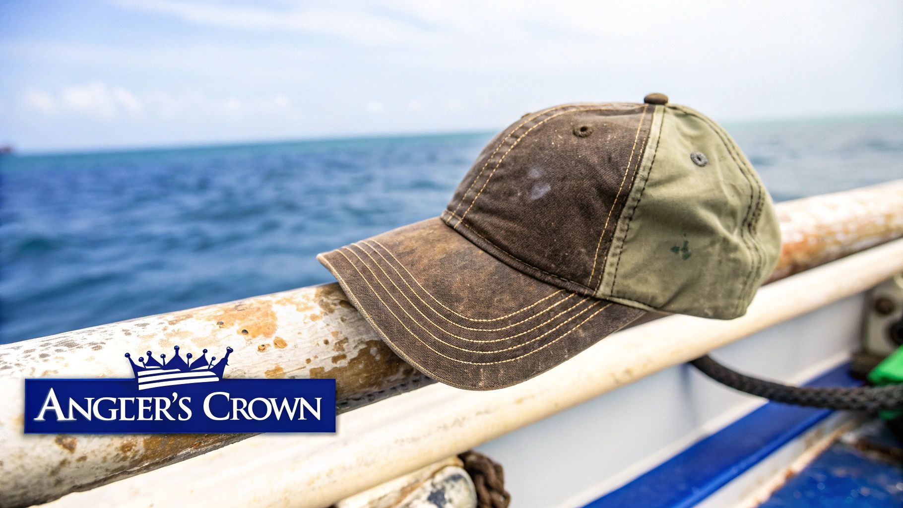 A weathered Angler's Crown baseball cap rests on a boat railing with the ocean in the background.