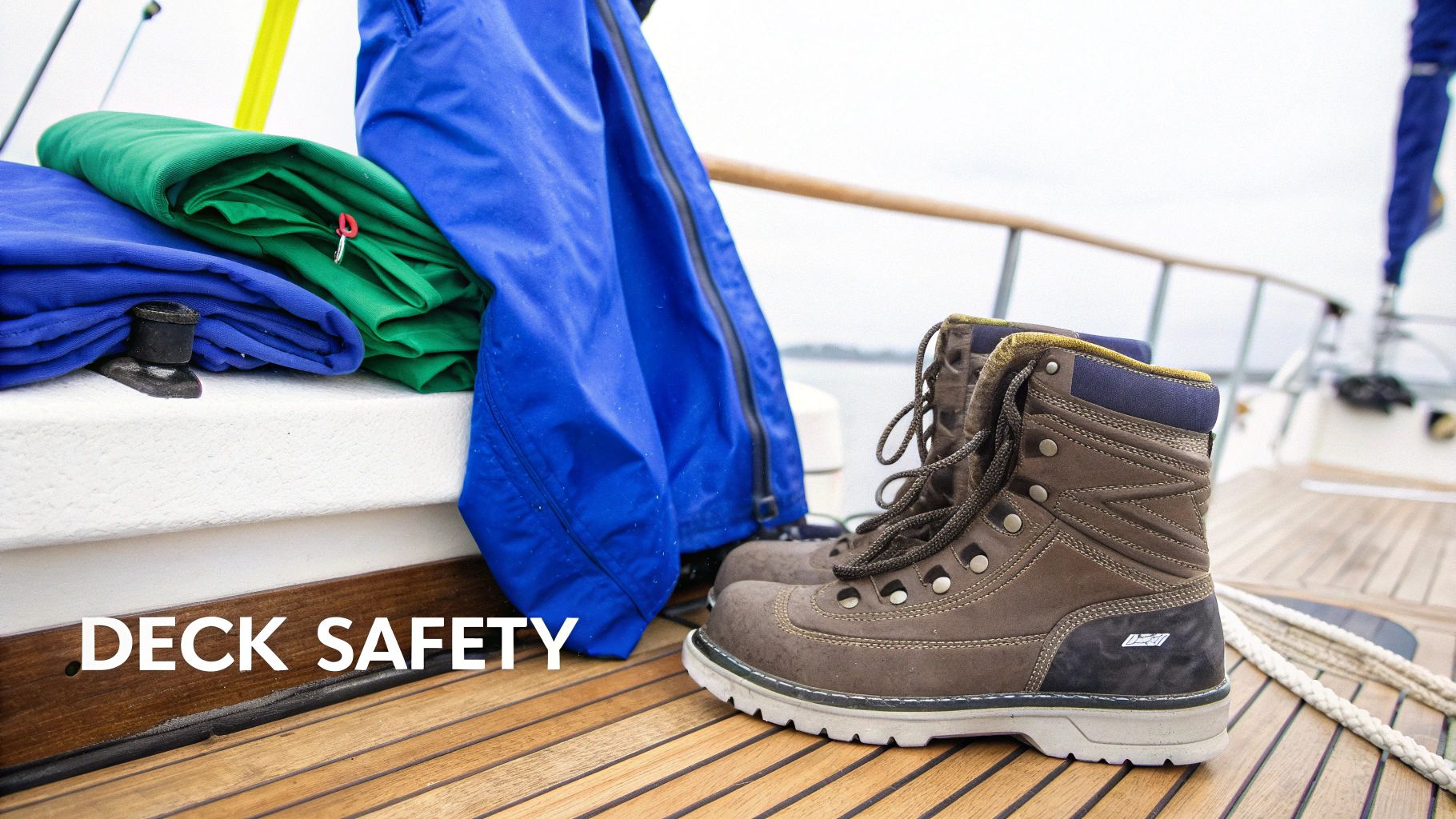Brown waterproof boots and blue and green sailing gear on a wooden boat deck with "DECK SAFETY" text.