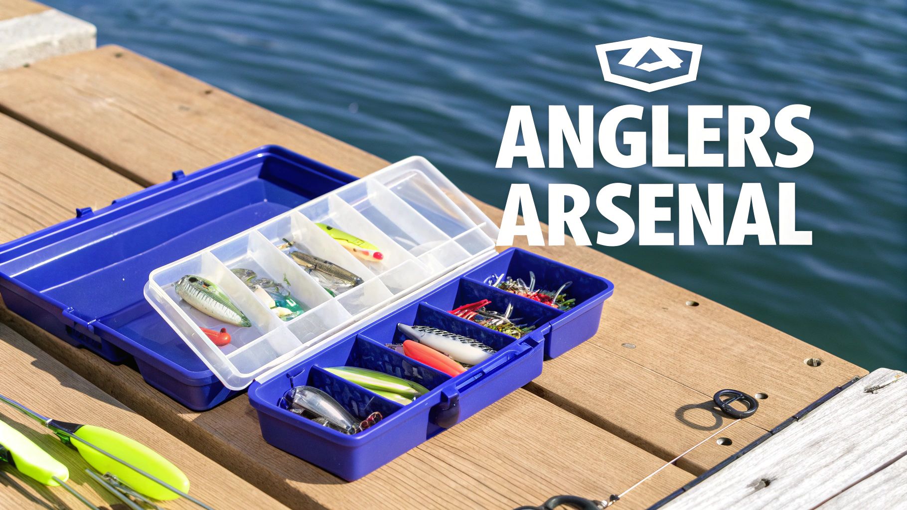 Fishing tackle boxes with colorful lures and equipment organized on wooden dock by water