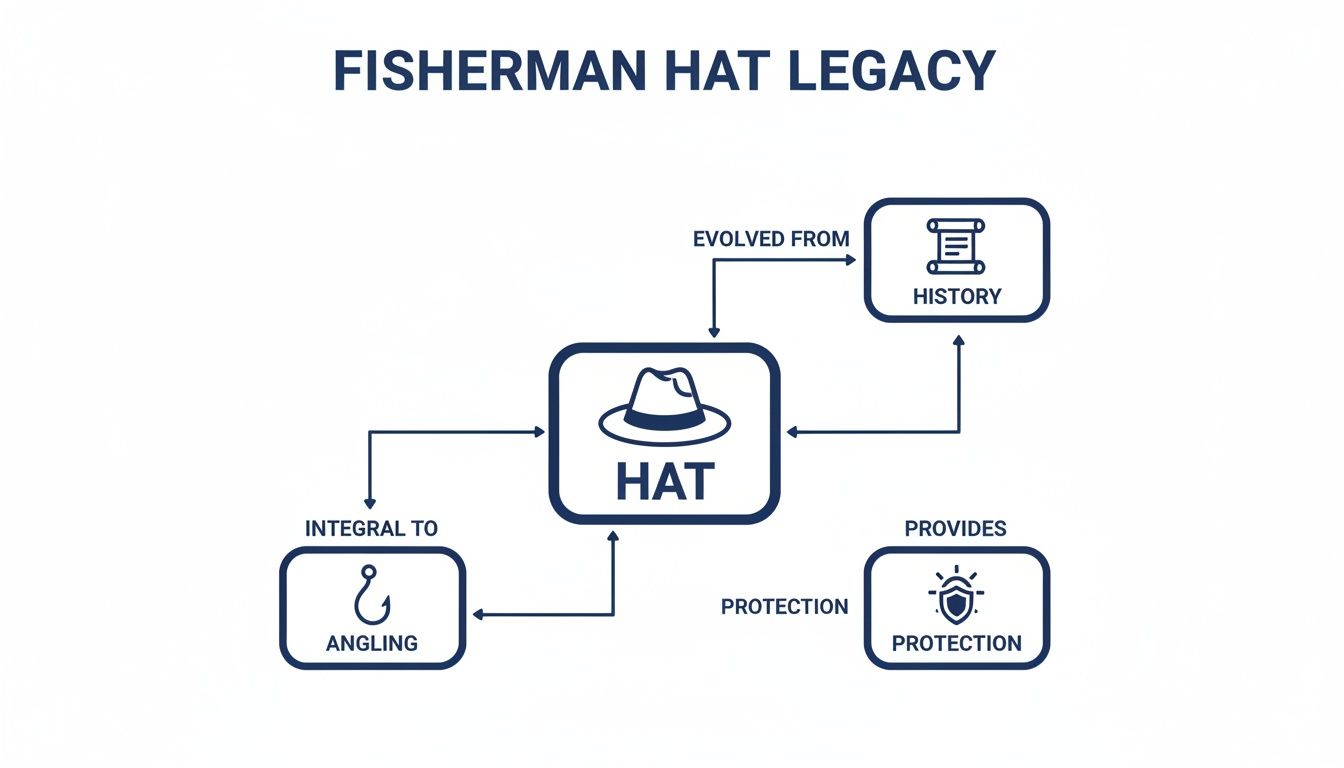 A diagram illustrating the legacy of a fisherman's hat, showing its history, use in angling, and protective qualities.