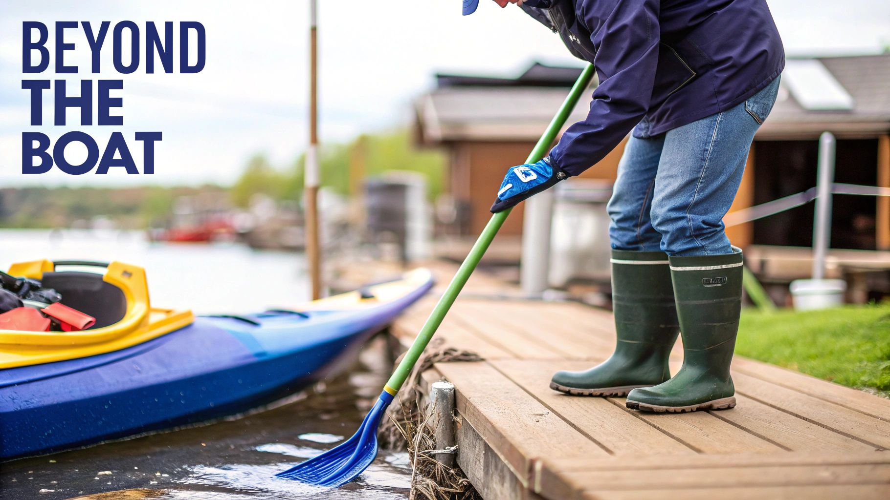 A person wearing deck boots while cleaning a boat deck with a hose and brush.