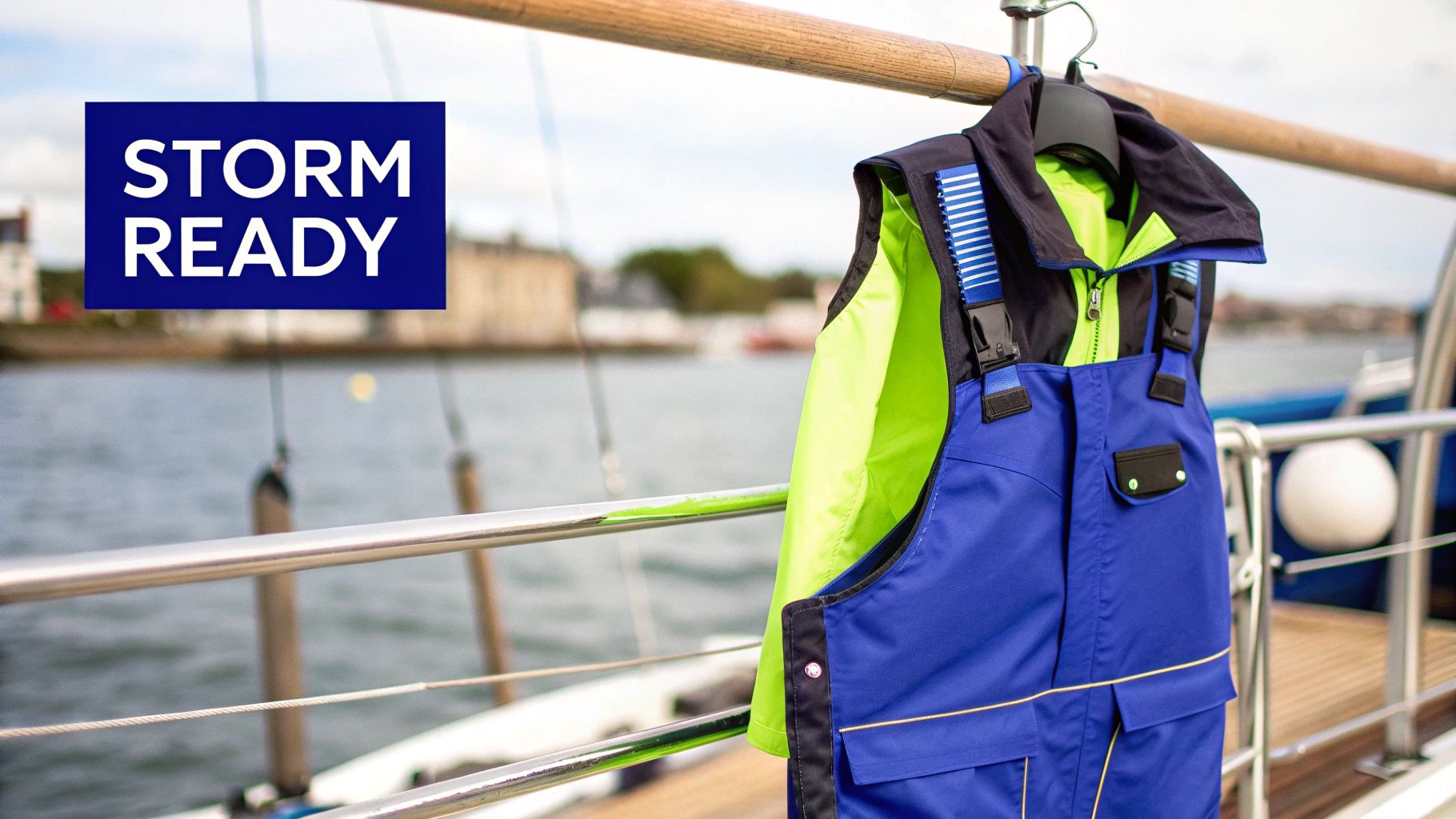 Bright blue and green life jacket with reflective stripes hanging on boat railing, storm ready text overlay