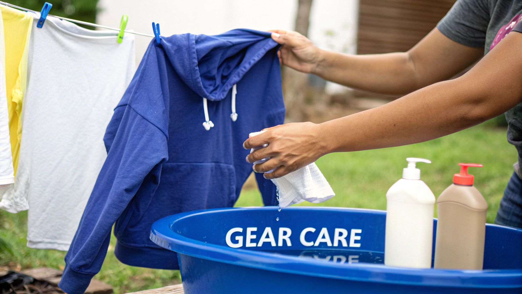 Person hand-washing clothes in a blue basin labeled "GEAR CARE" with a blue hoodie on a clothesline.