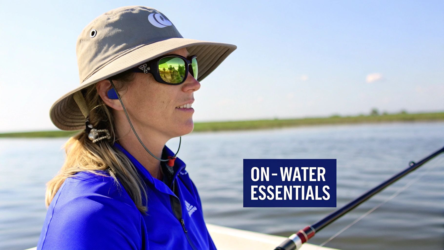 A woman in a fishing hat, sunglasses, and earbuds enjoys a sunny day fishing on the water.