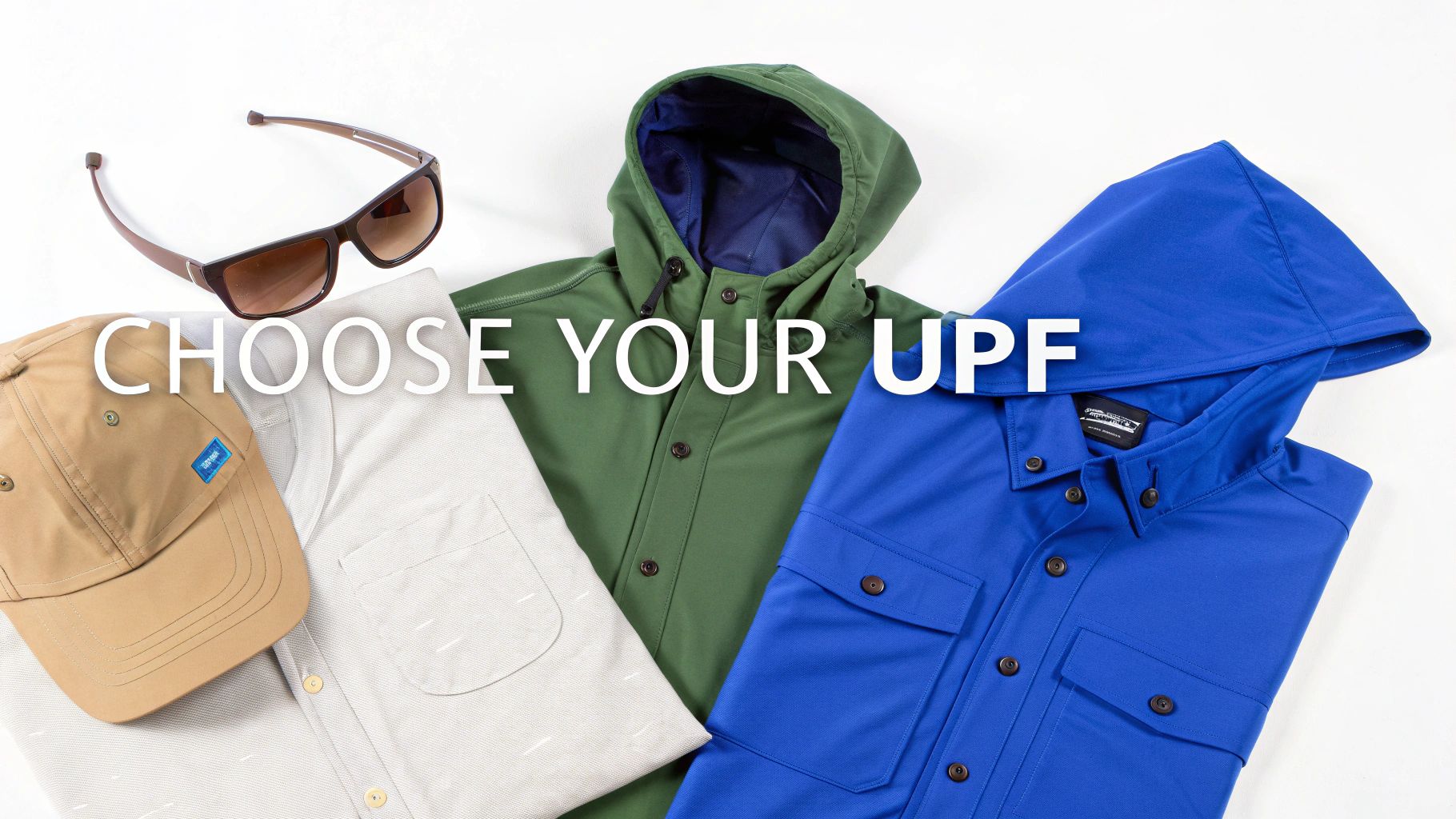 A selection of UPF protective clothing including a hat, two button-up shirts, a jacket, and sunglasses.