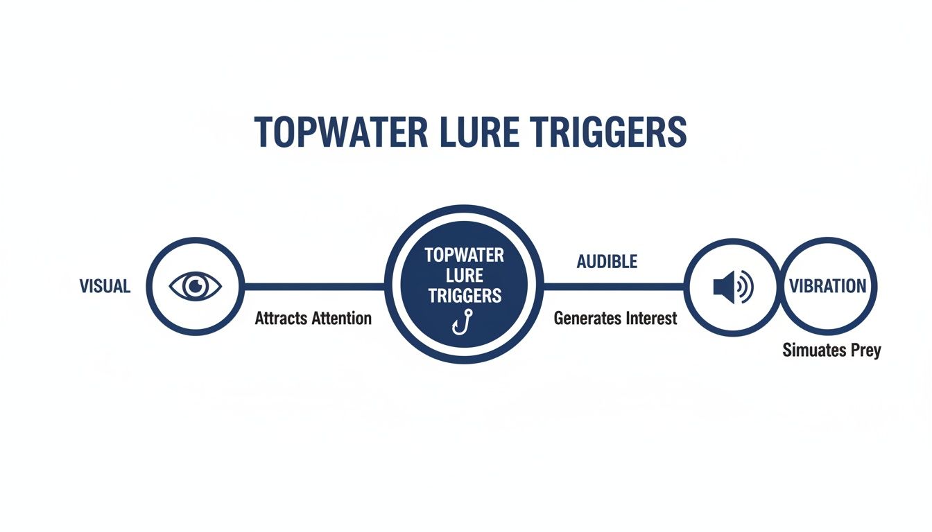Diagram illustrating topwater lure triggers: visual attracts attention, audible generates interest, and vibration simulates prey.