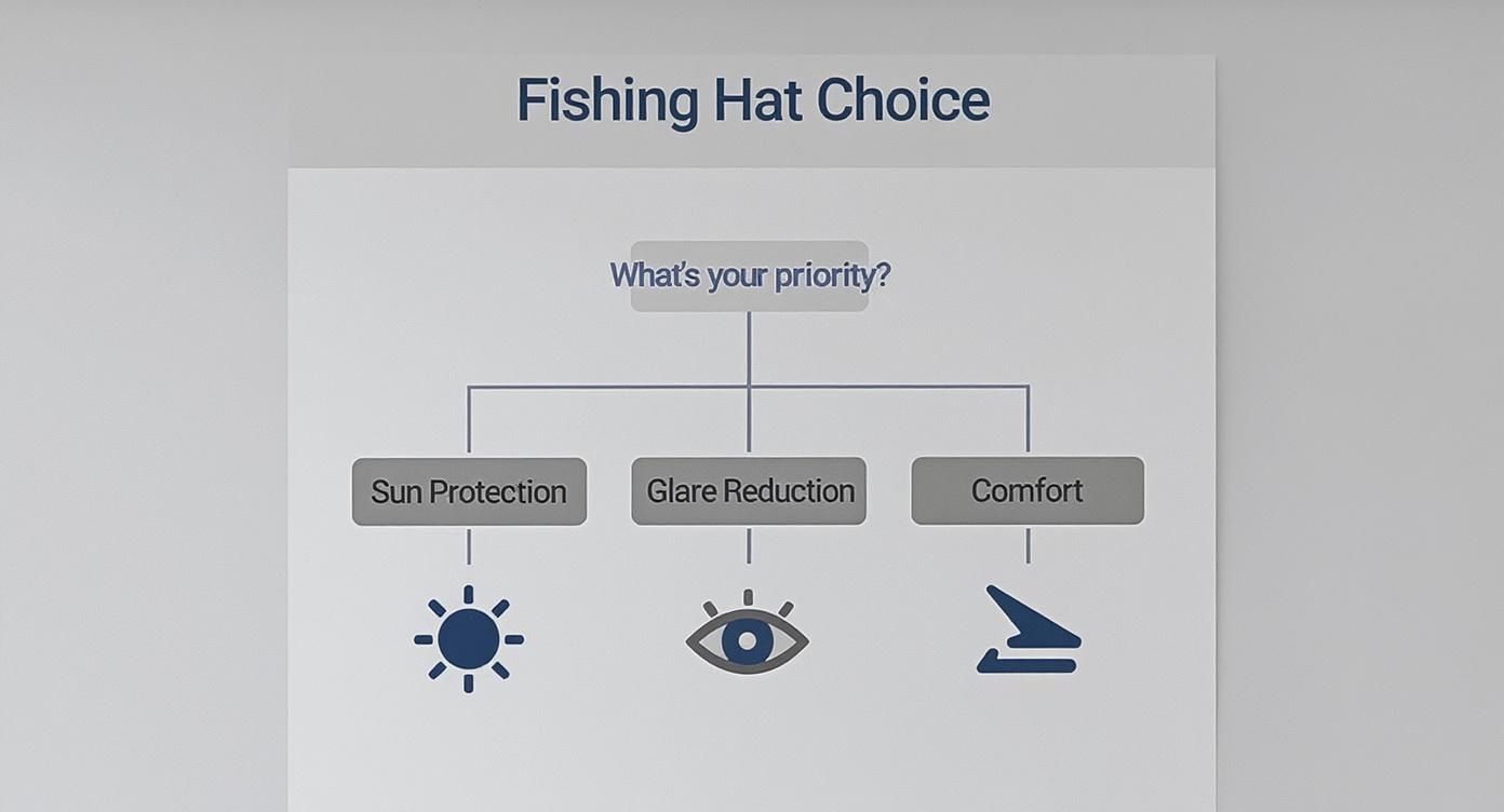 A flowchart for choosing a fishing hat, based on priorities: Sun Protection, Glare Reduction, and Comfort.