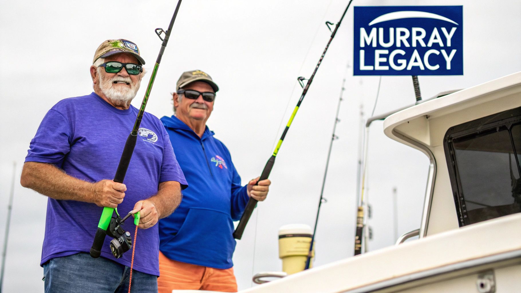 Brothers Ed and Frank Murray posing with a large fish on their boat.